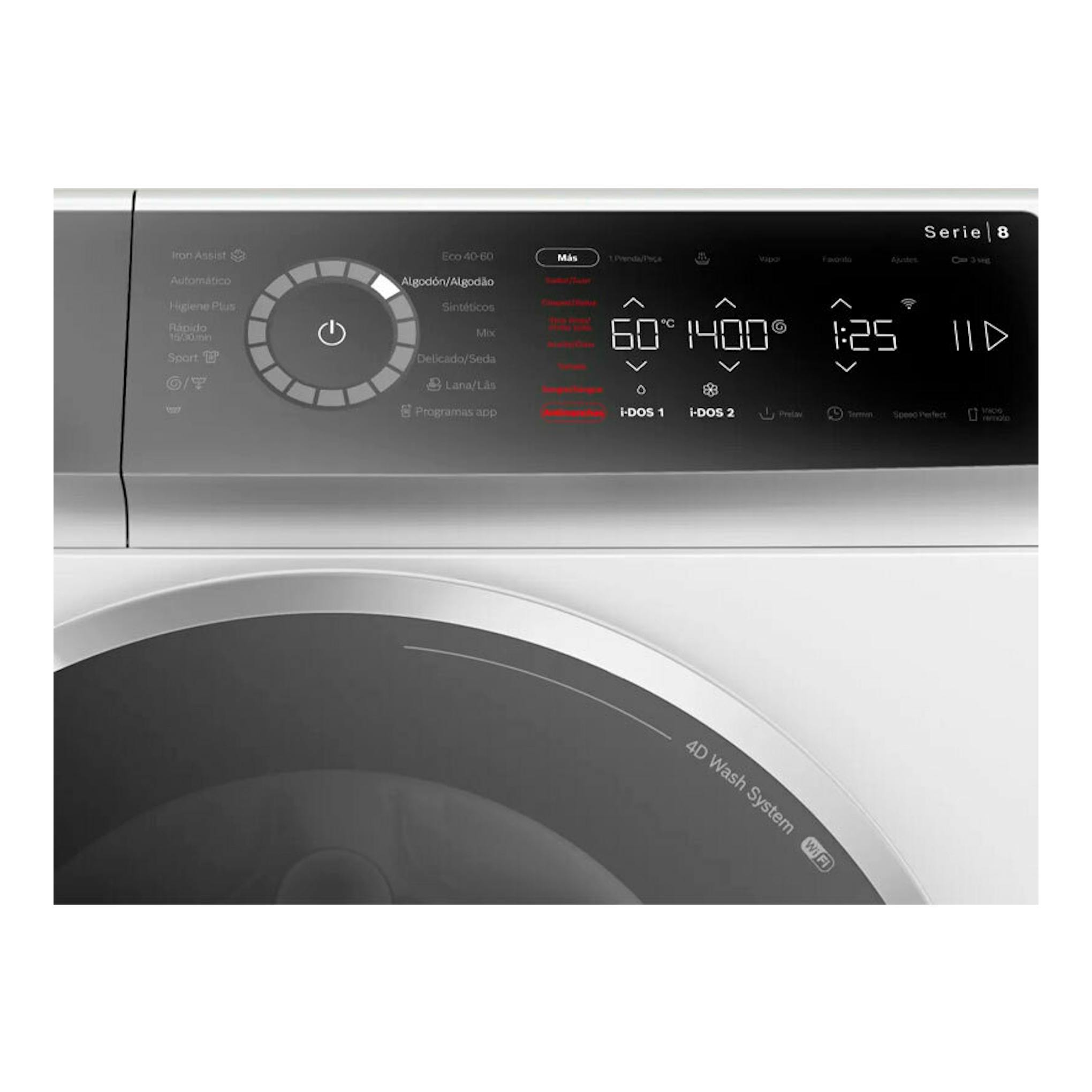 Lavadora Bosch Serie 8 WGB254A1ES blanca, vista frontal parcial con panel negro y puerta circular.