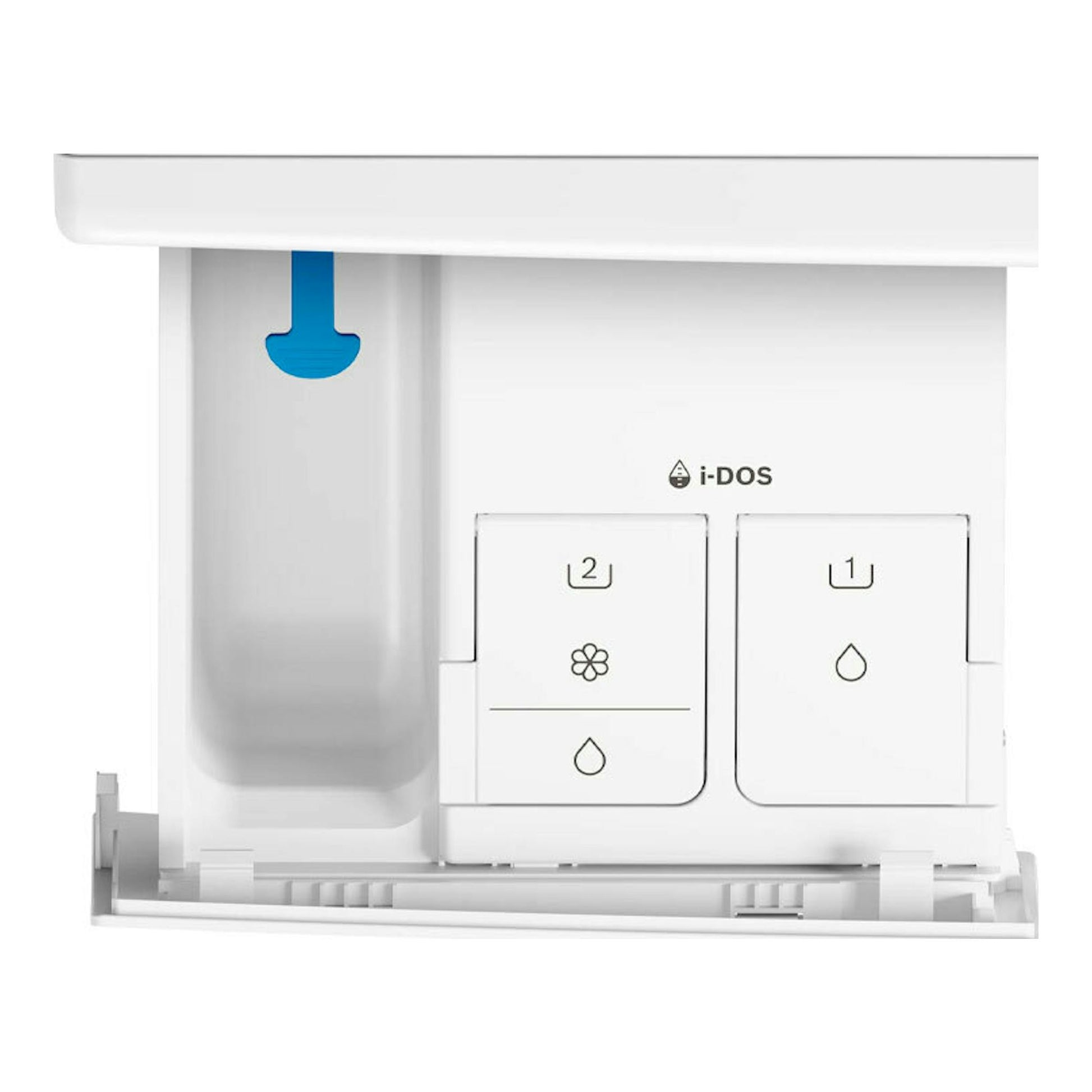 Lavadora Bosch WGB254A1ES, cajón i-DOS de detergente blanco, vista frontal en detalle.