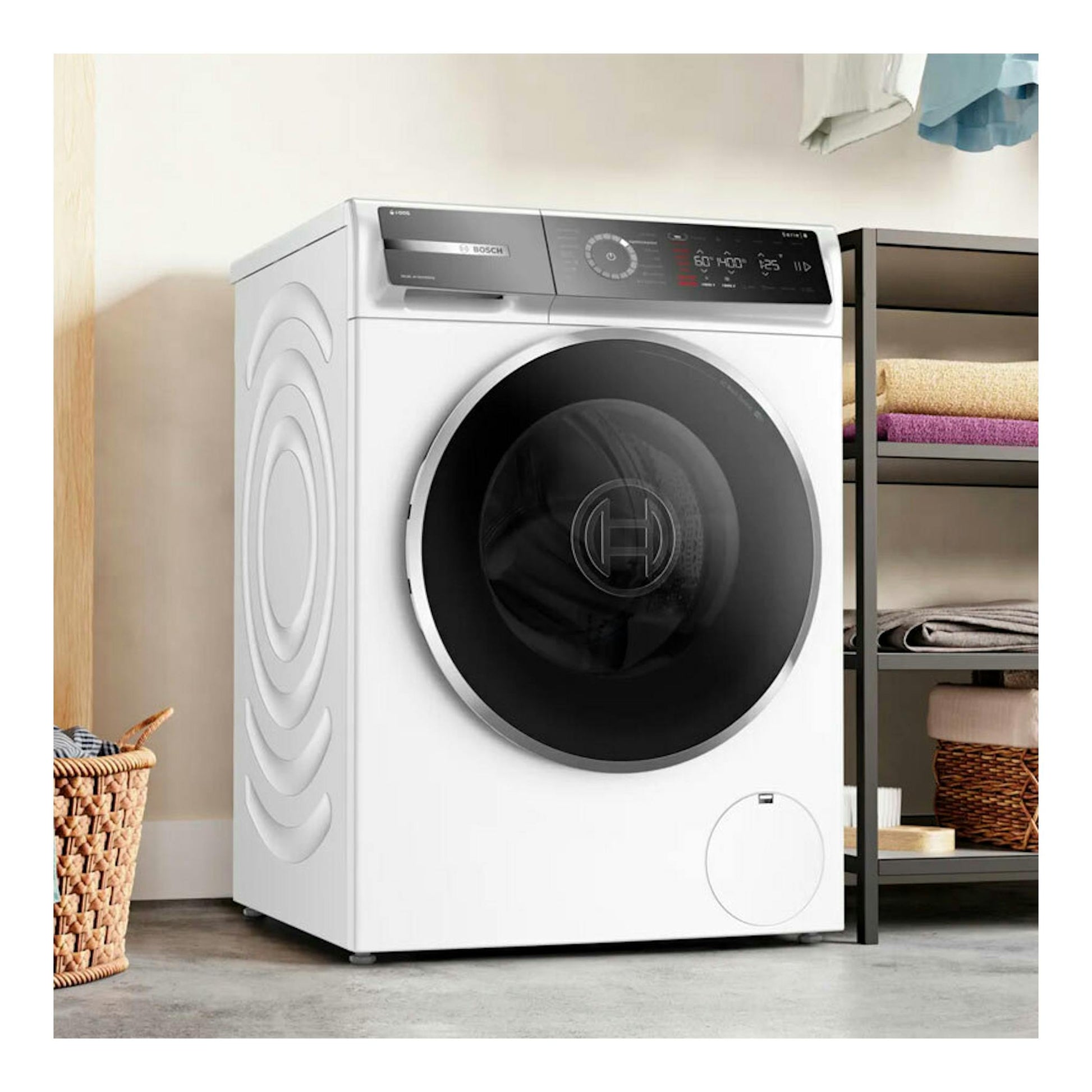 Lavadora Bosch WGB254A1ES blanca, vista frontal, con puerta negra y panel de control superior.