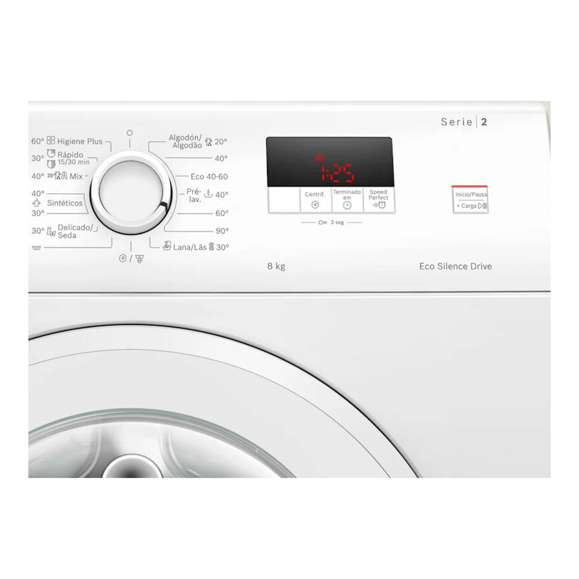 Lavadora Bosch WGE03200EP Serie 2 blanca, vista frontal del panel y puerta, 8 kg