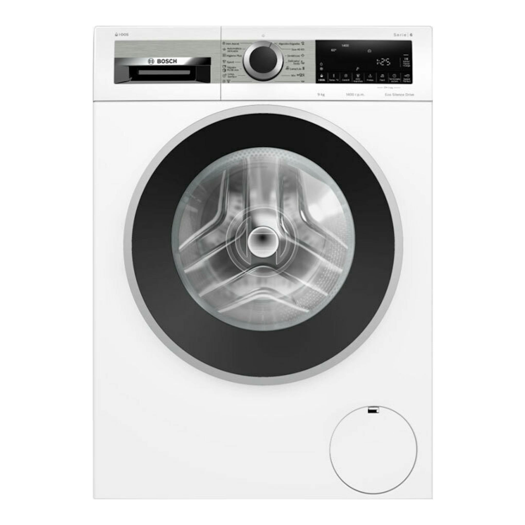 Lavadora Bosch WGG244F1ES de 9 kg, blanca, vista frontal, con puerta circular negra y panel digital superior.