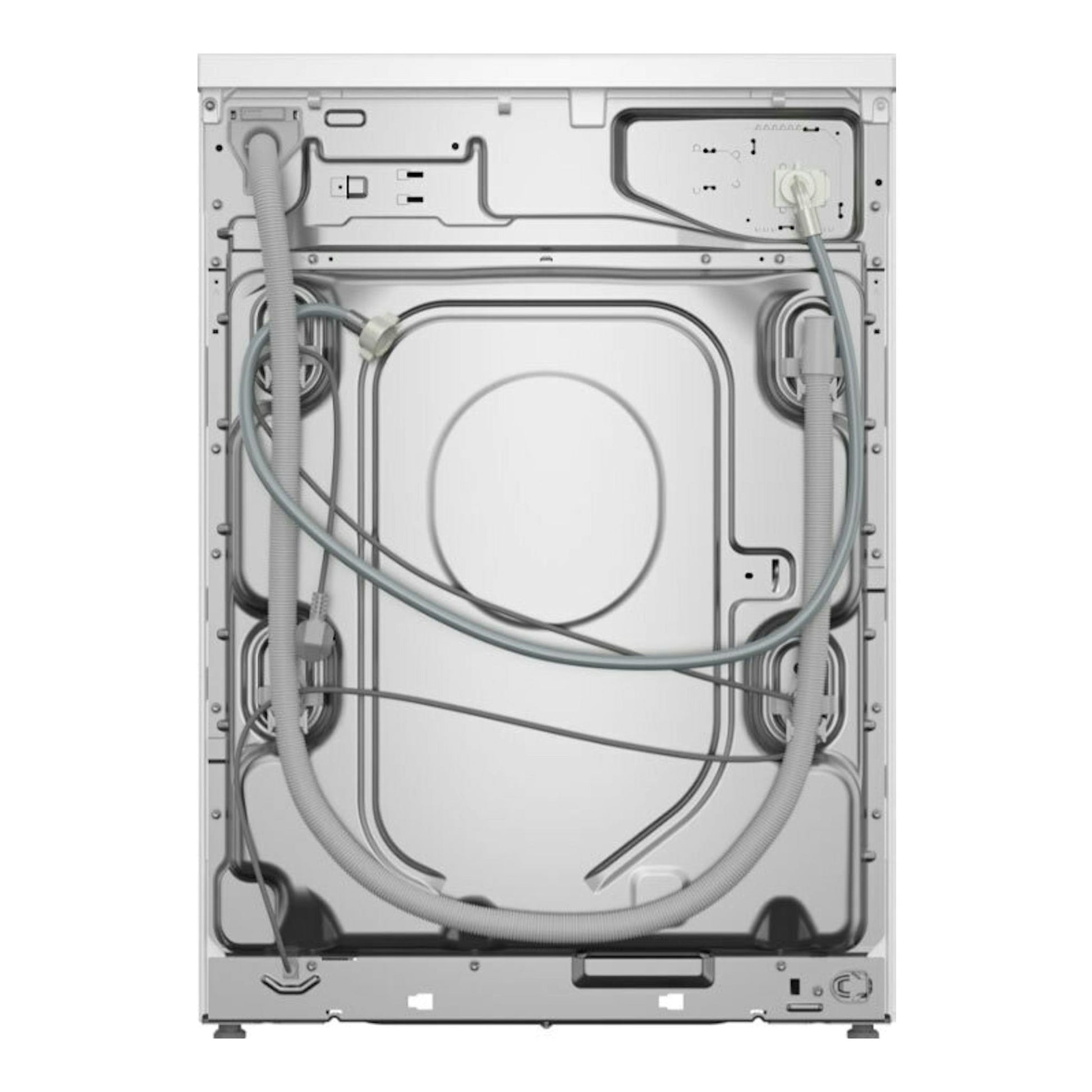 Vista trasera de lavadora Bosch WGG244F1ES 9 kg, blanca, con mangueras y cables visibles.