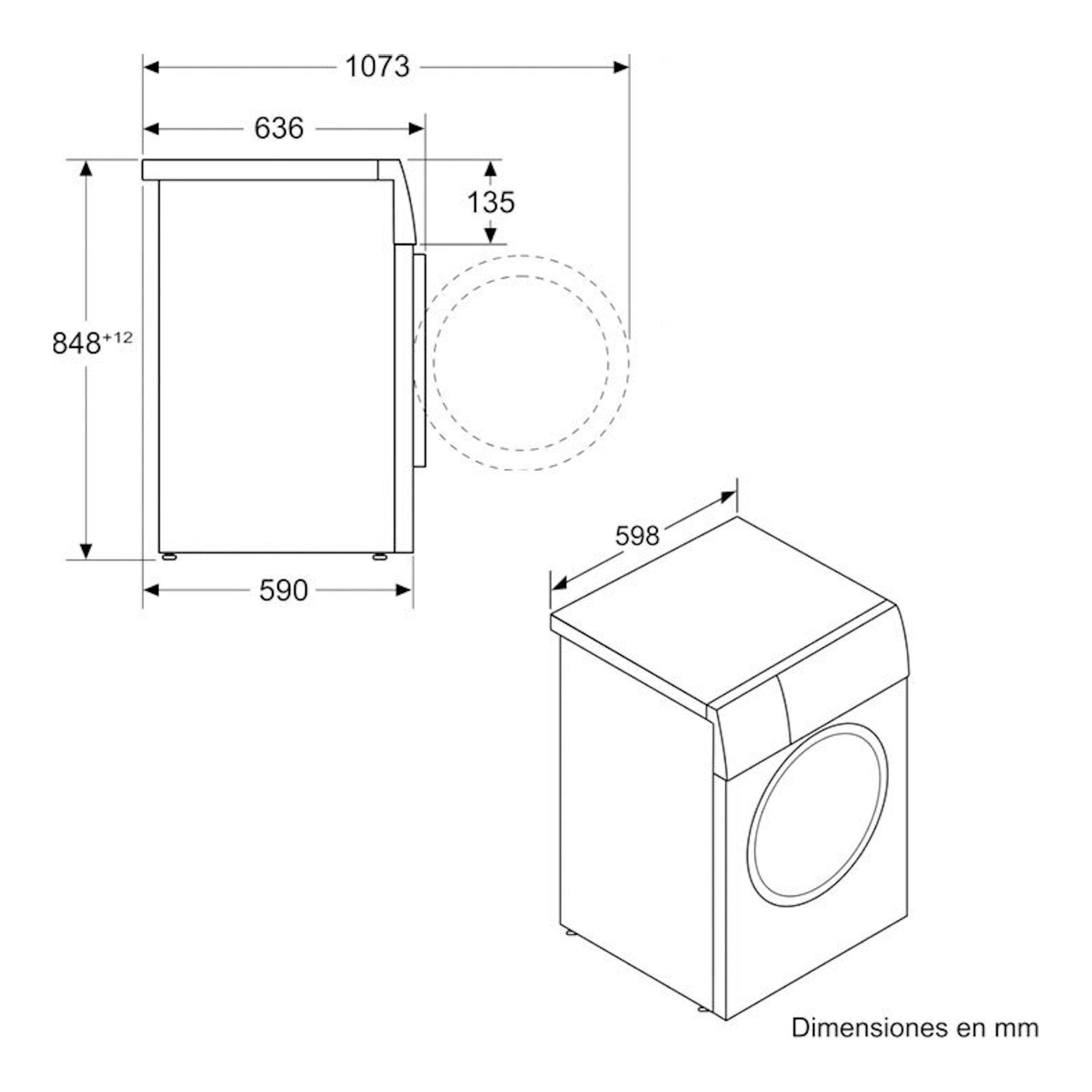 Bosch WGG244F1ES, lavadora blanca en vista técnica frontal y en perspectiva, con dimensiones en mm.