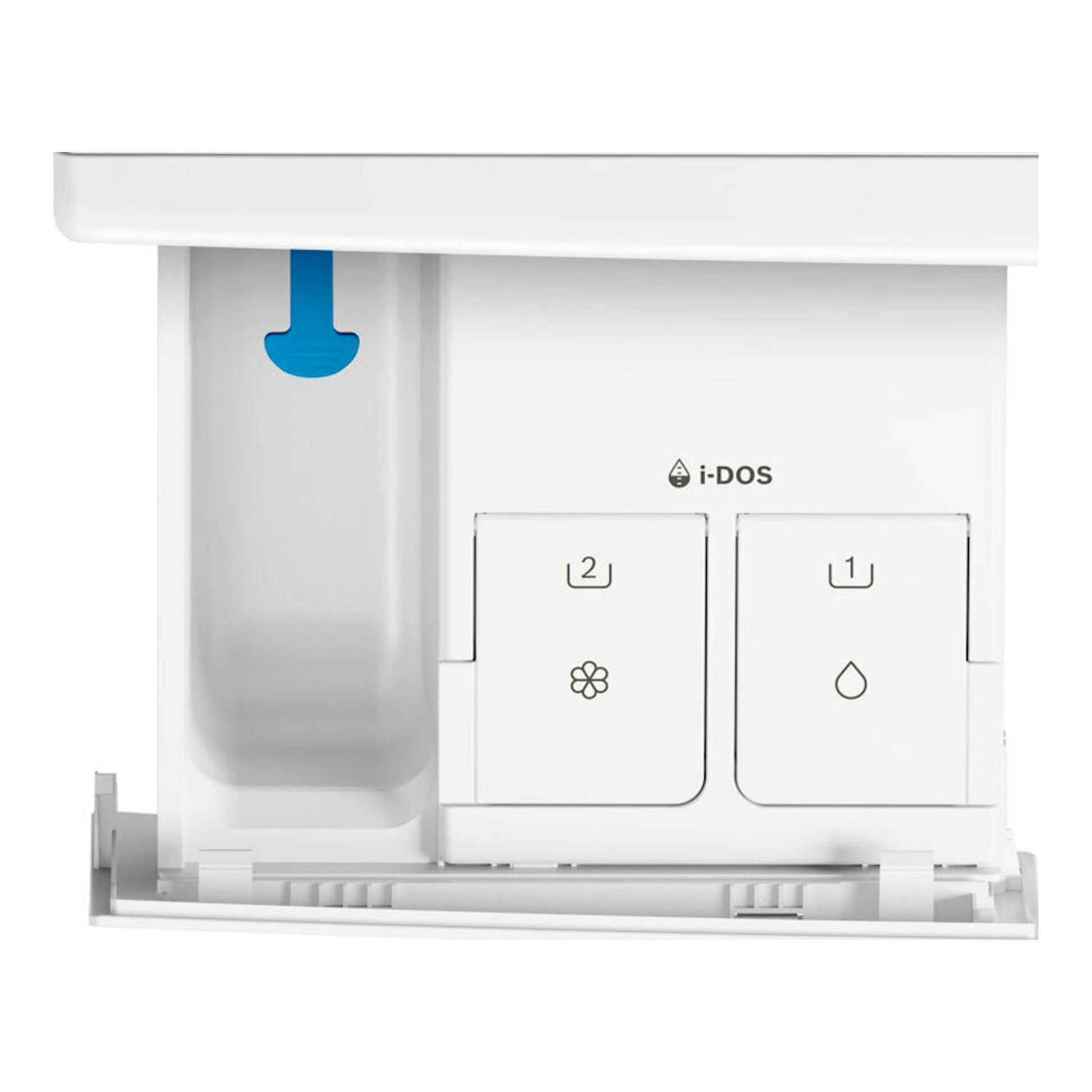 Lavadora Bosch WGG244F1ES con compartimento i-DOS blanco, vista frontal del cajetín de detergente.