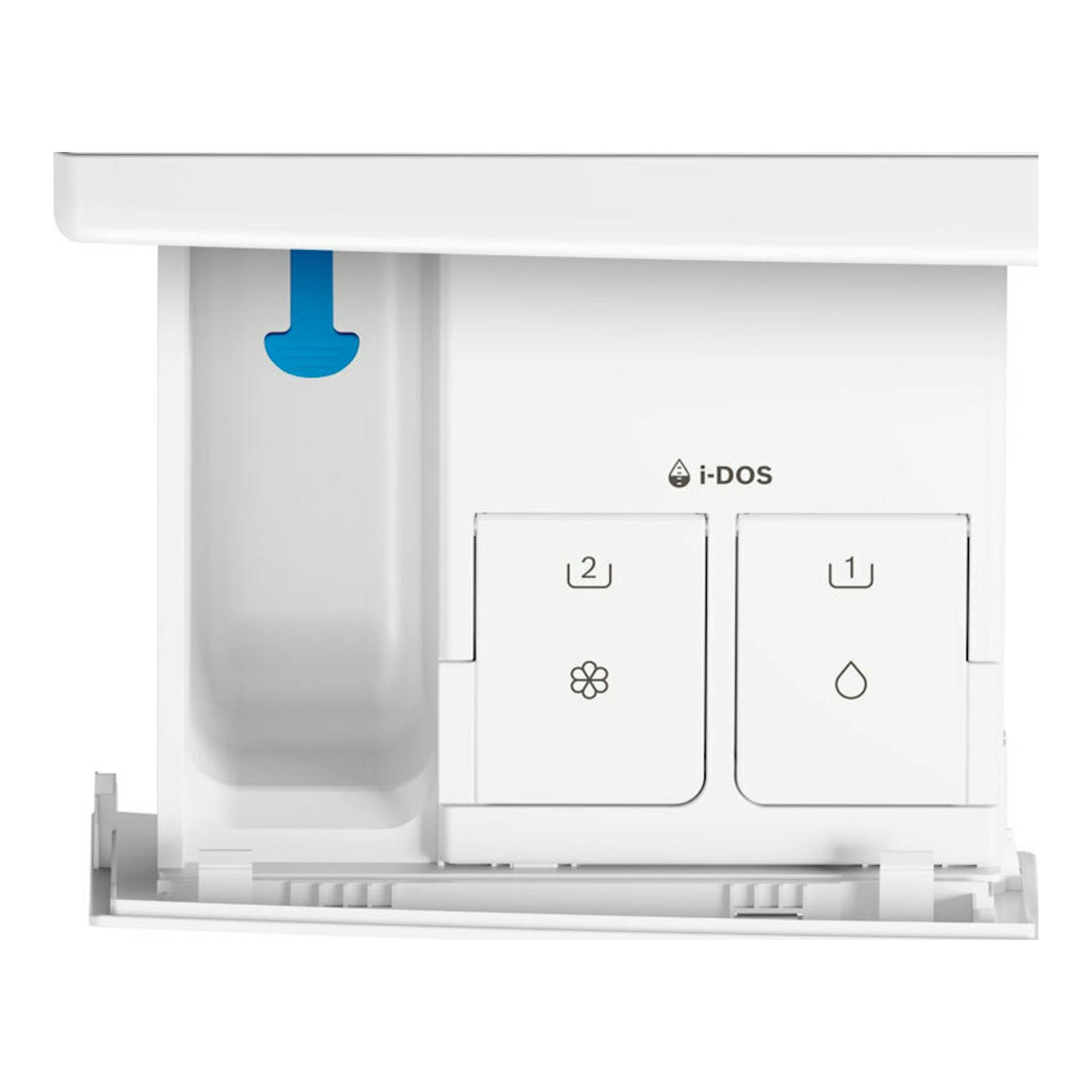 Lavadora Bosch WGG244F1ES con compartimento i-DOS blanco, vista frontal del cajetín de detergente.