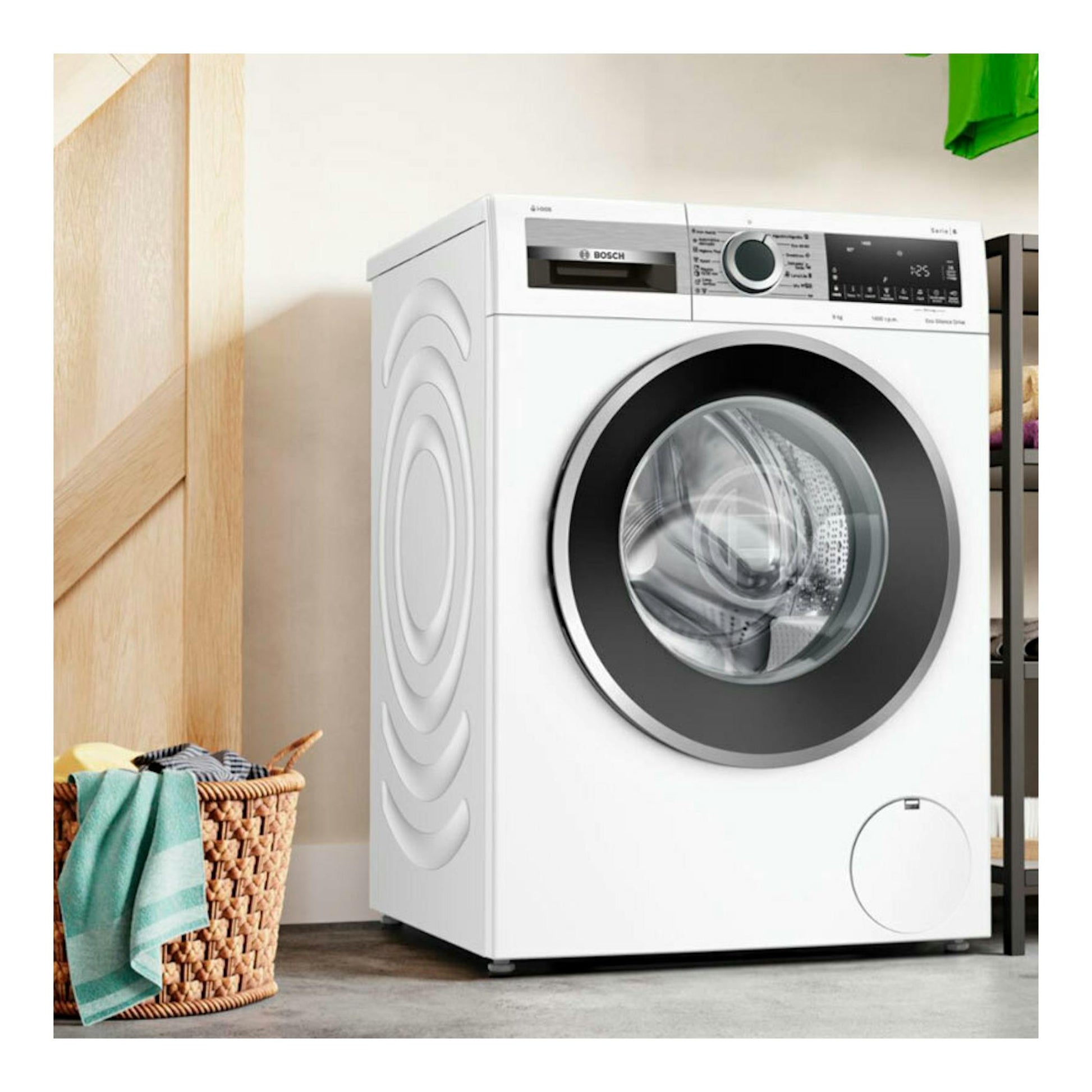 Lavadora Bosch WGG244F1ES blanca, vista frontal en ángulo, con puerta circular y panel de control superior.