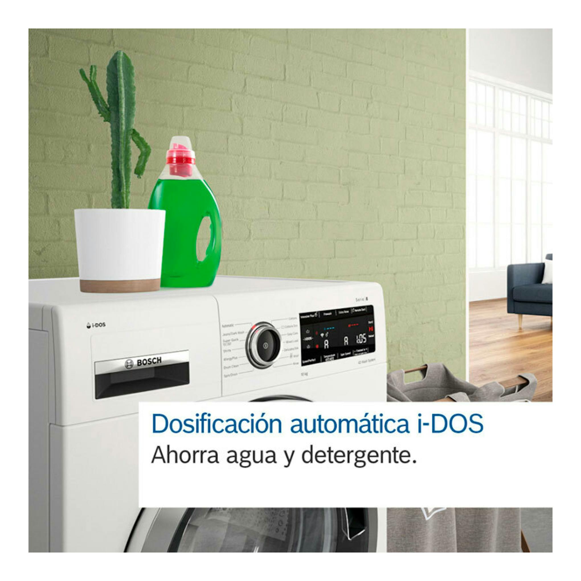 Lavadora Bosch WGG244F1ES blanca, de carga frontal, con panel digital e i-DOS, vista parcial.