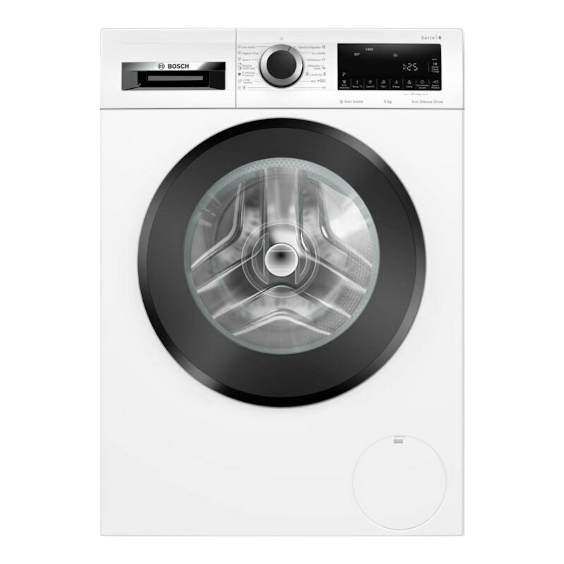 Lavadora Bosch WGG244Z0ES blanca, vista frontal, con puerta circular negra y panel superior digital.