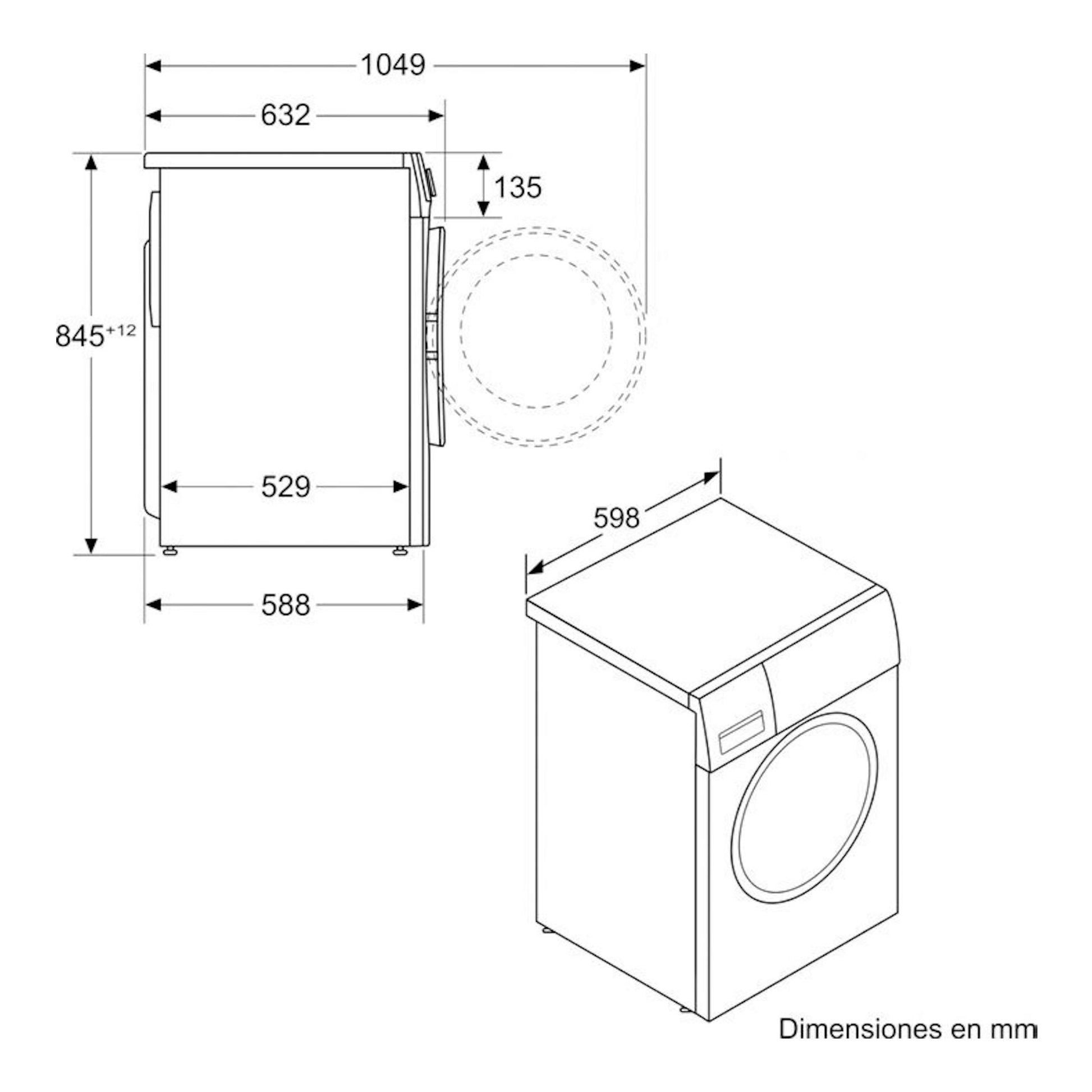 Lavadora Bosch WGG244Z0ES, vista lateral e isométrica con dimensiones en mm.
