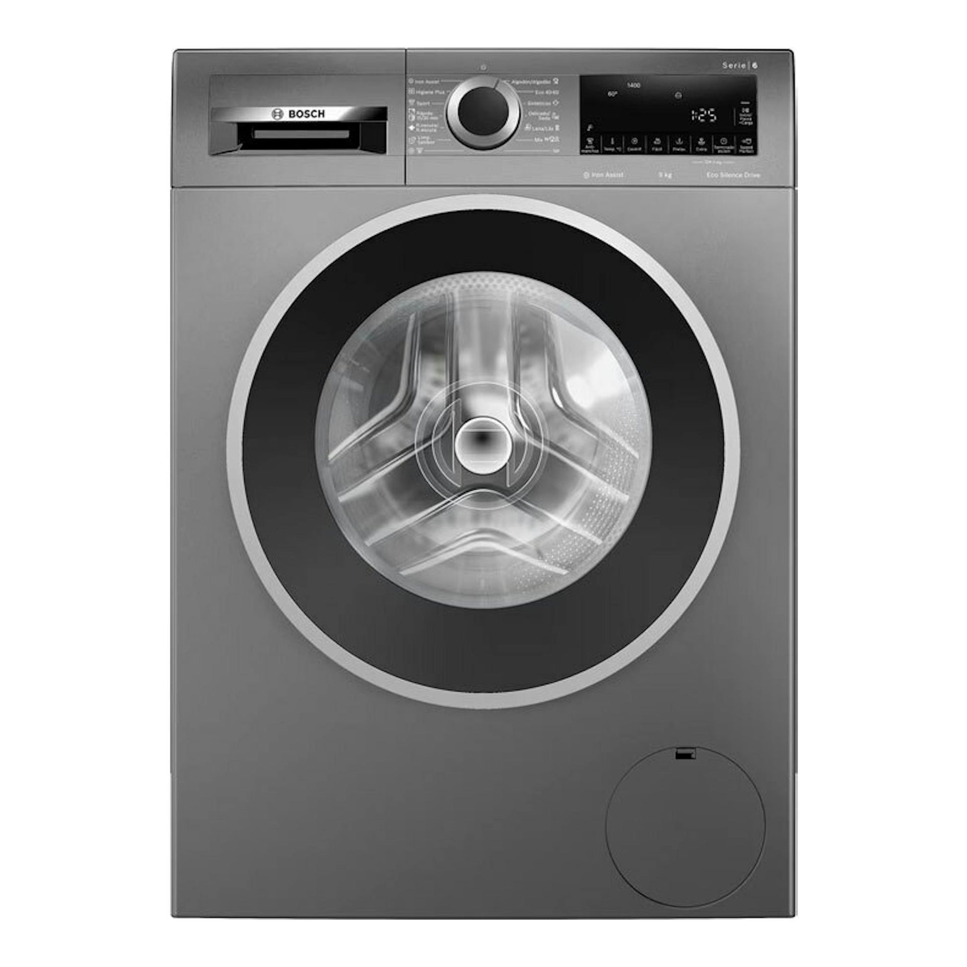 Lavadora Bosch WGG244ZRES Serie 6 gris, vista frontal, con puerta de carga frontal y panel digital.