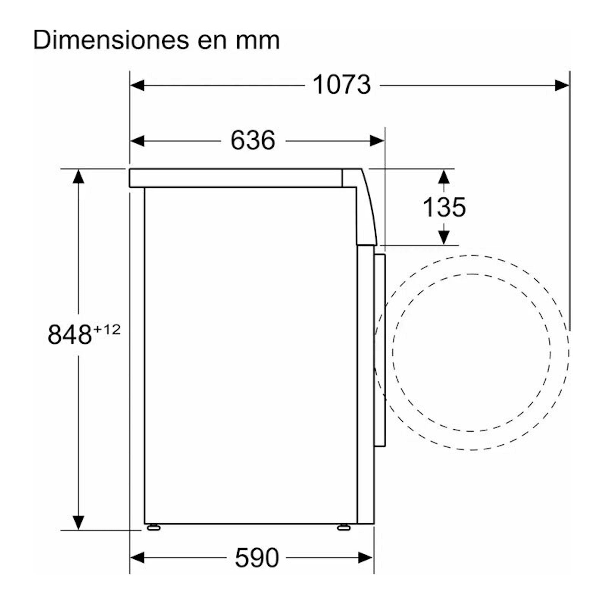 Diagrama de dimensiones de la lavadora Bosch WGG244ZRES, vista lateral en blanco y negro, con medidas en mm.