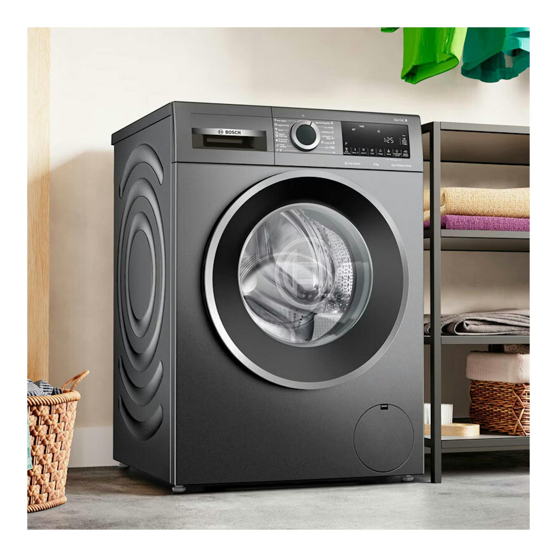 Lavadora Bosch WGG244ZRES 9 kg, gris oscuro, vista frontal de carga frontal.