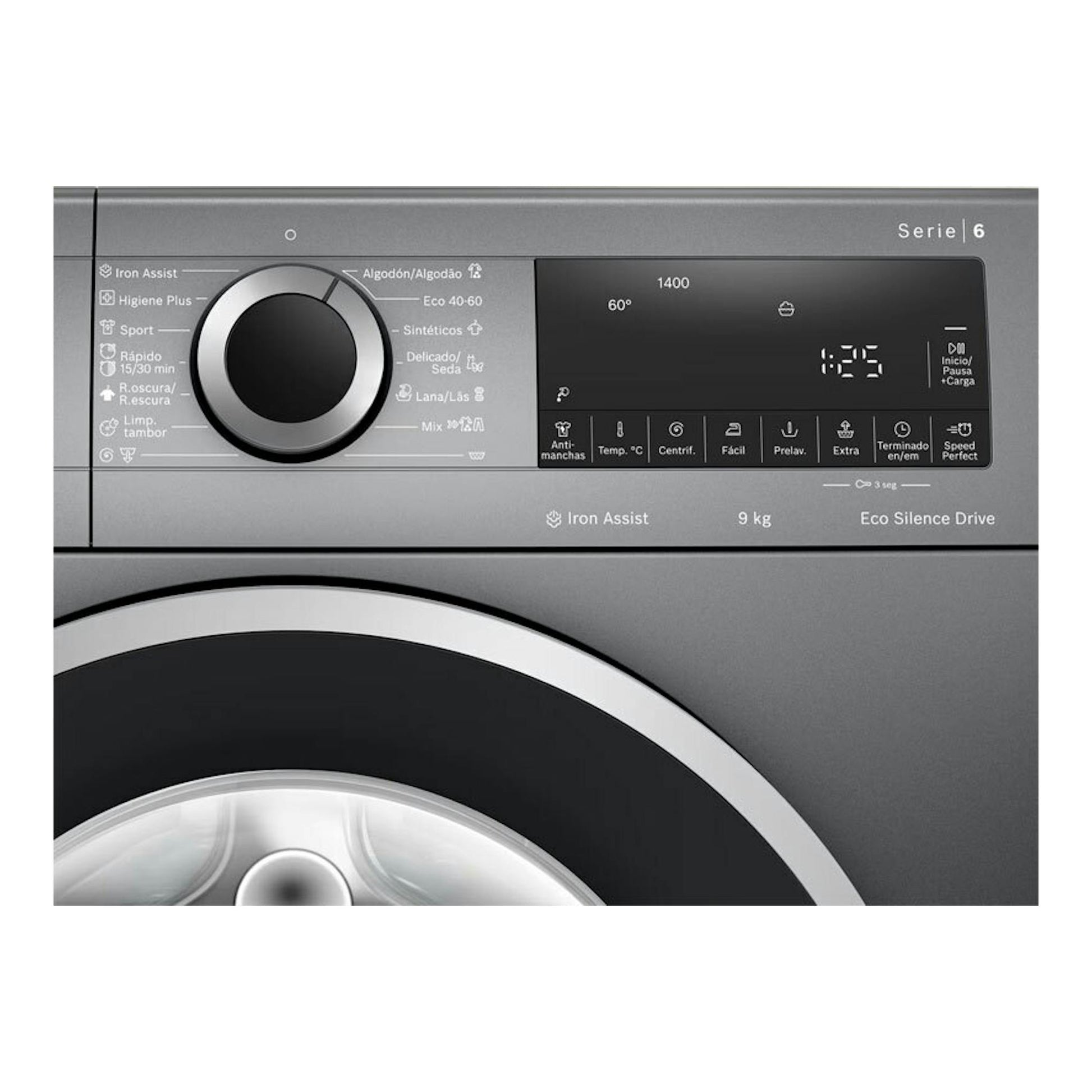 Lavadora Bosch WGG244ZRES Serie 6 de 9 kg, vista frontal en gris, con panel y puerta.