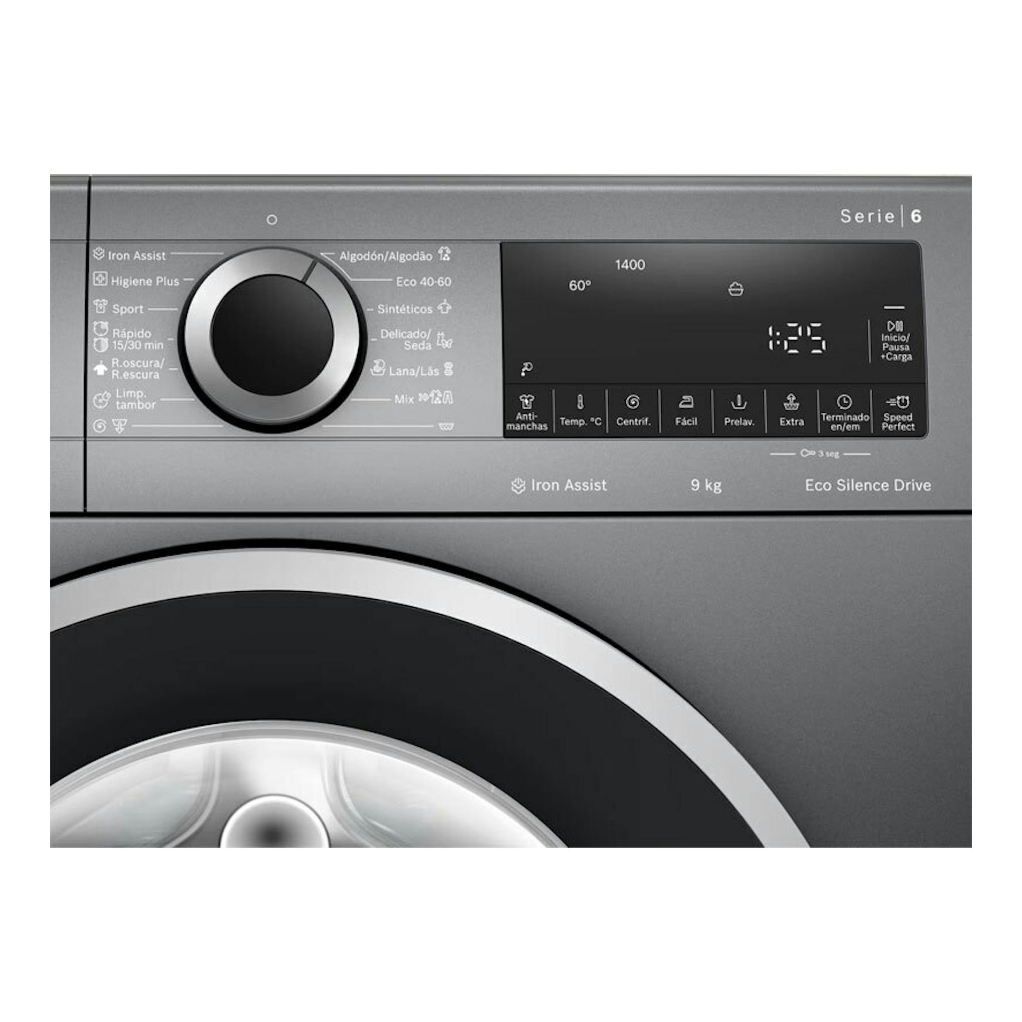 Lavadora Bosch WGG244ZRES Serie 6 de 9 kg, vista frontal en gris, con panel y puerta.