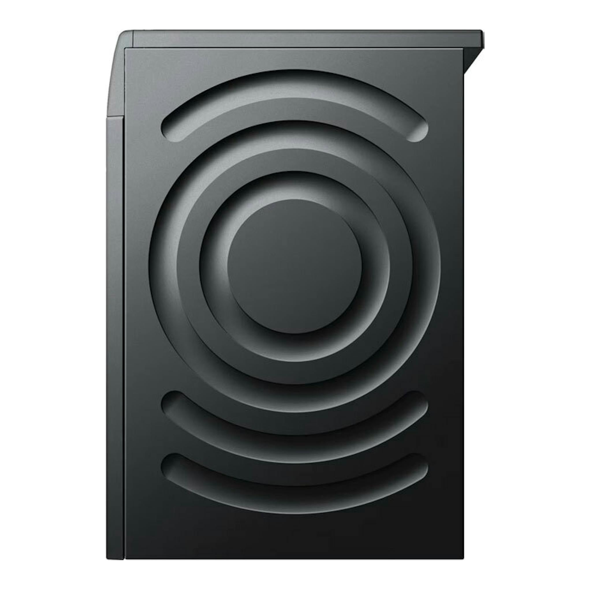 Lavadora Bosch WGG244ZRES negra, vista frontal con diseño circular en el panel.