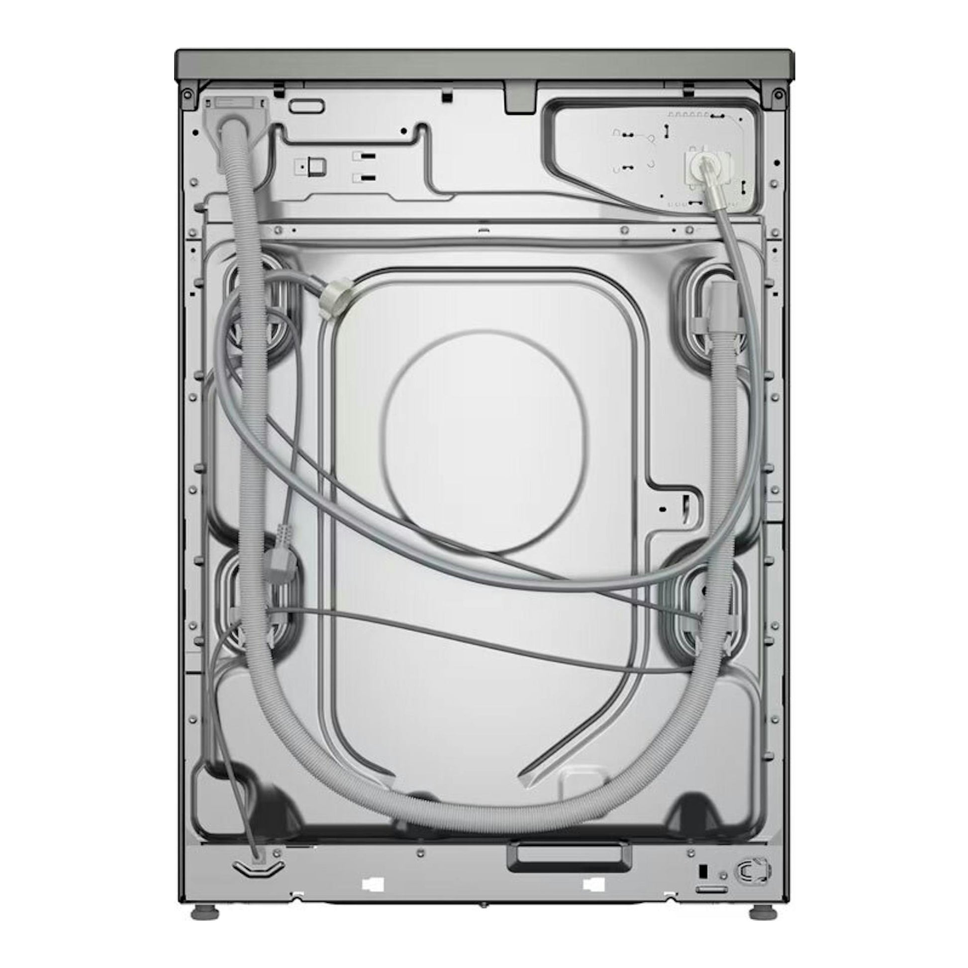 Lavadora Bosch WGG244ZRES 9Kg, vista trasera, en color gris, con mangueras y cables visibles.