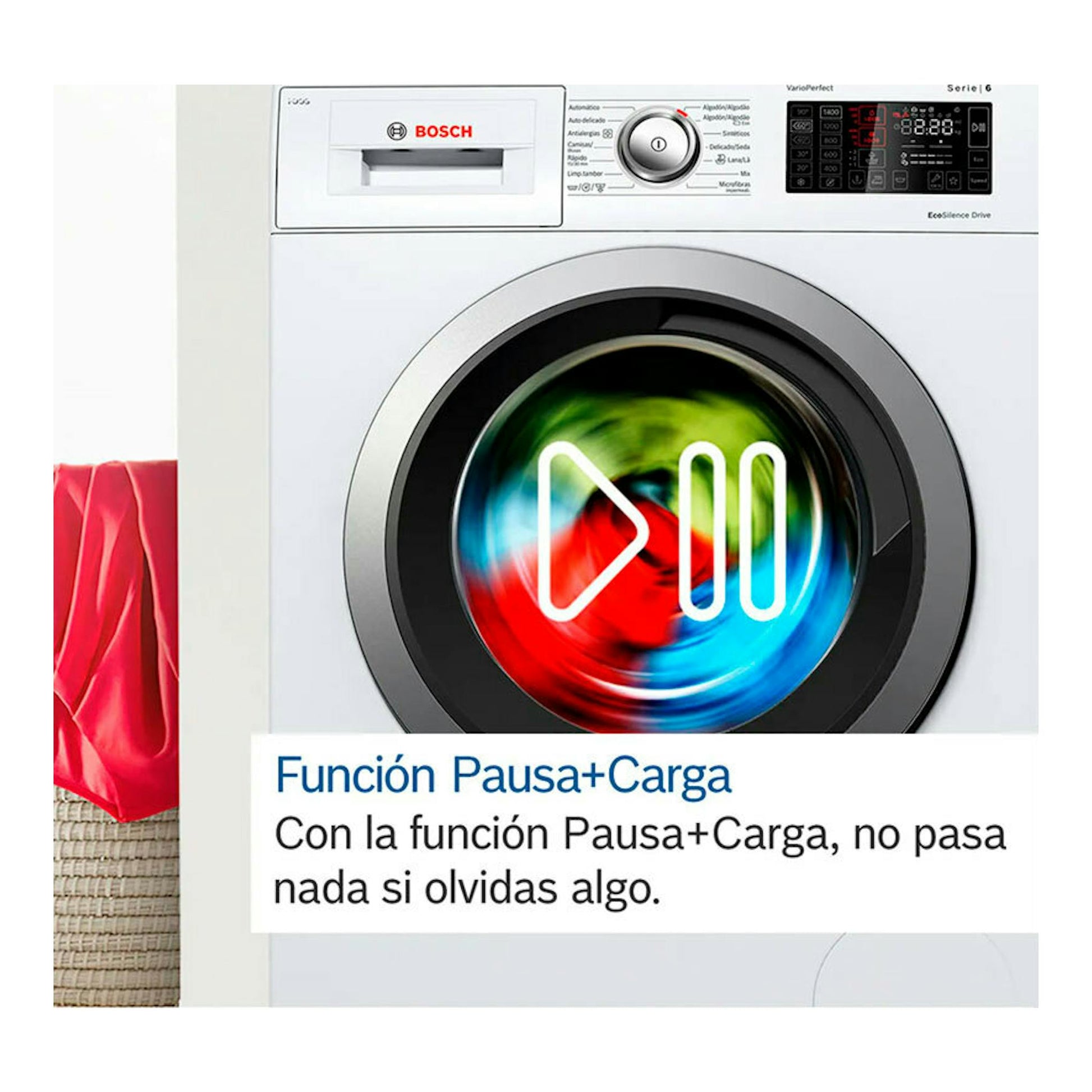 Lavadora Bosch Serie 6 blanca, vista frontal, con puerta circular y panel digital superior.