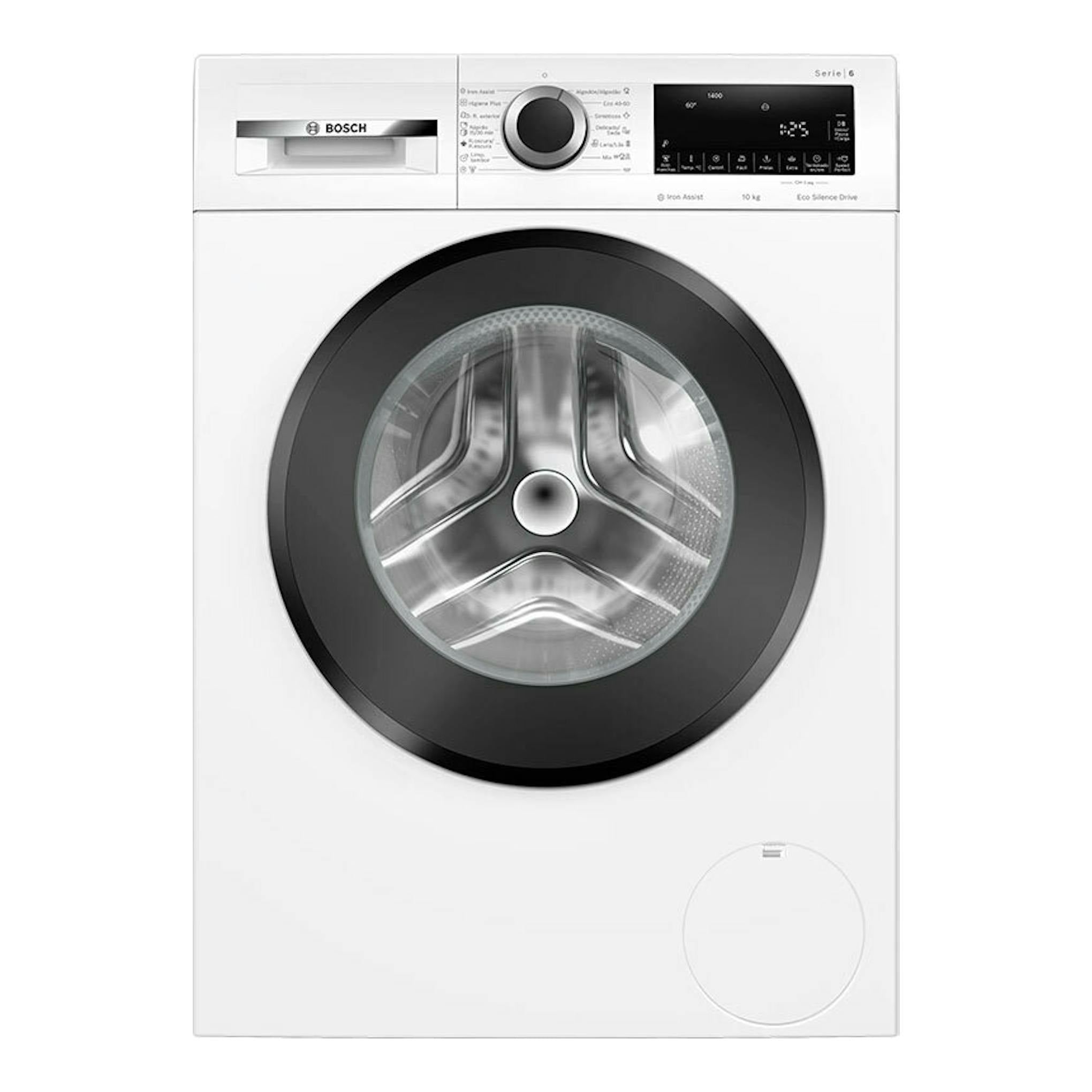 Lavadora Bosch WGG254Z5ES blanca, vista frontal, con puerta negra y panel digital superior.