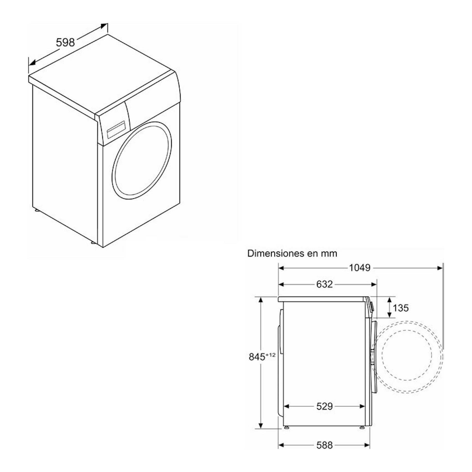 Lavadora Bosch WGG254Z5ES, dibujo técnico en blanco de frente y lateral, con medidas en mm.