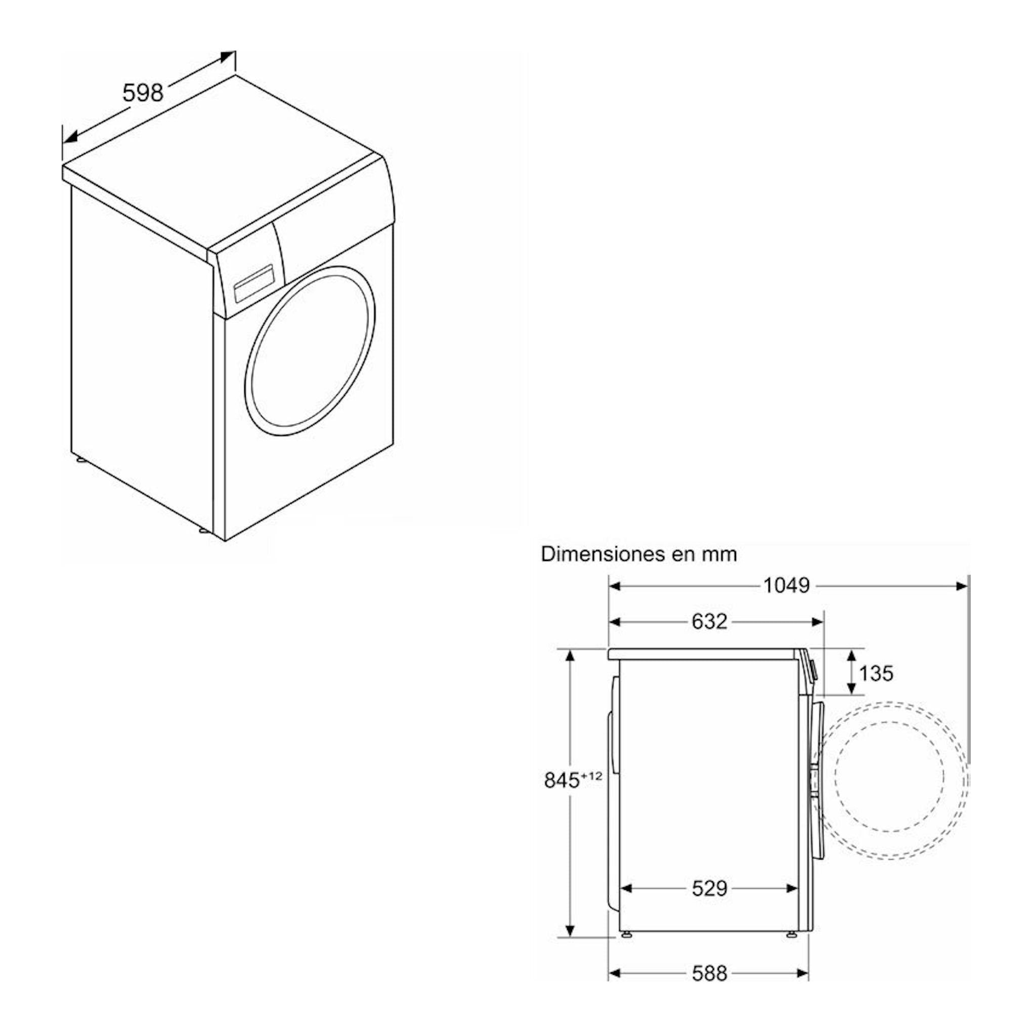 Lavadora Bosch WGG254Z5ES, dibujo técnico en blanco de frente y lateral, con medidas en mm.