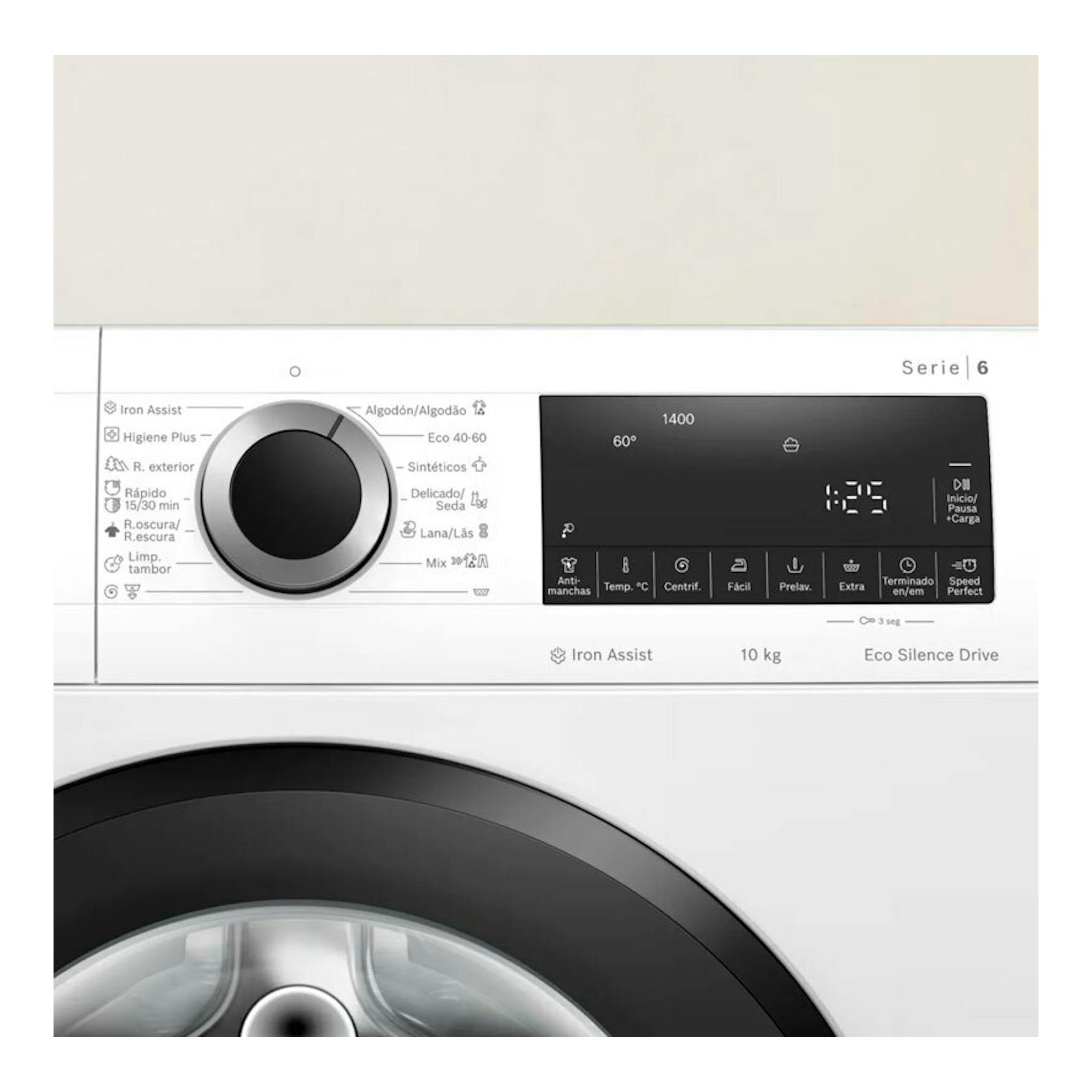 Lavadora Bosch Serie 6 WGG254Z5ES blanca, vista frontal con panel digital y puerta circular negra.