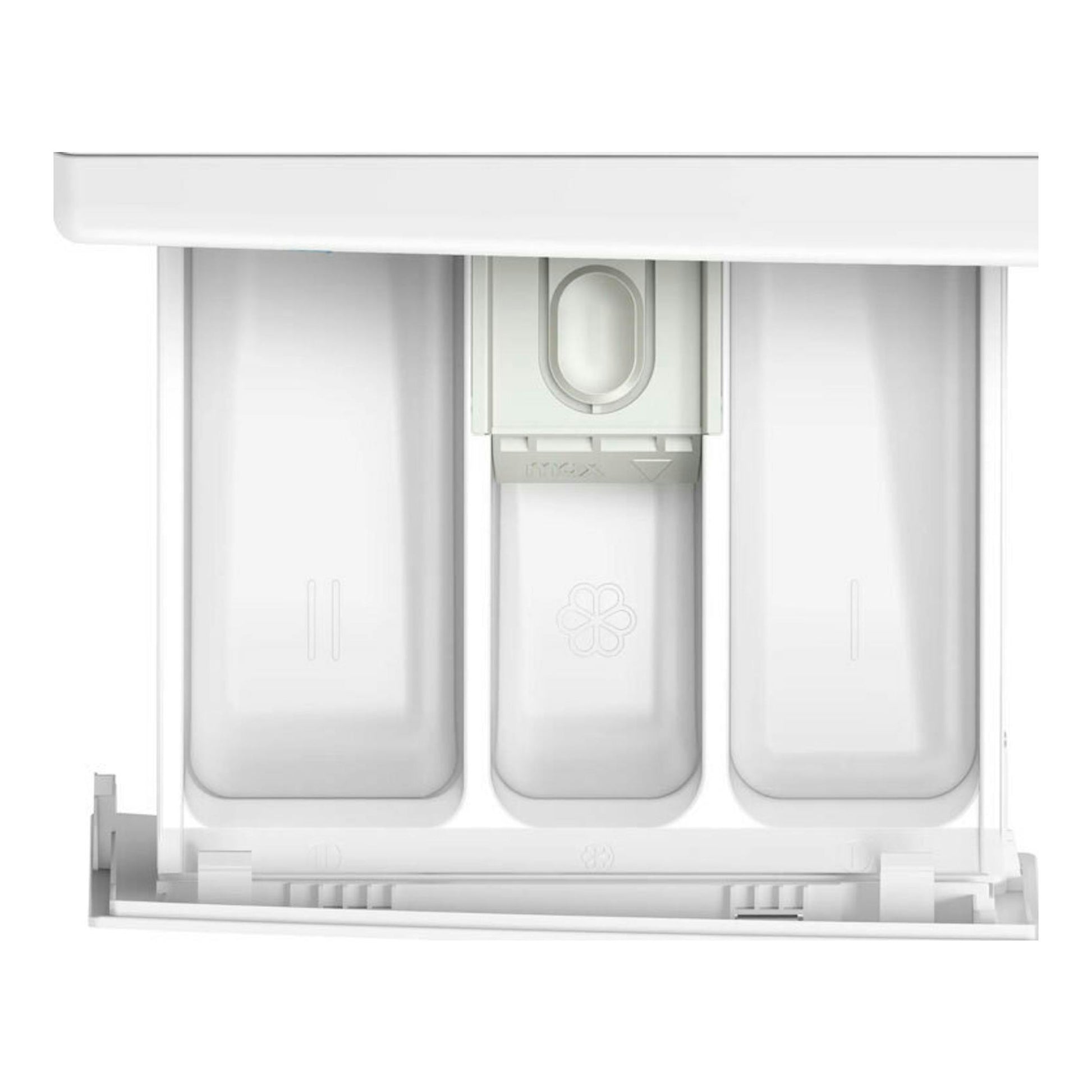 Bosch WGG254Z5ES: cajetín blanco del detergente de lavadora, vista frontal con tres compartimentos.