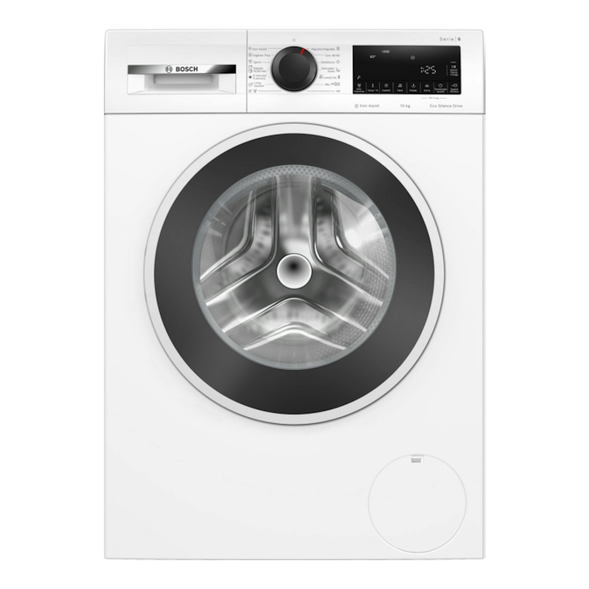 Lavadora Bosch WGG254ZBES blanca, vista frontal, con puerta circular negra y panel digital superior.