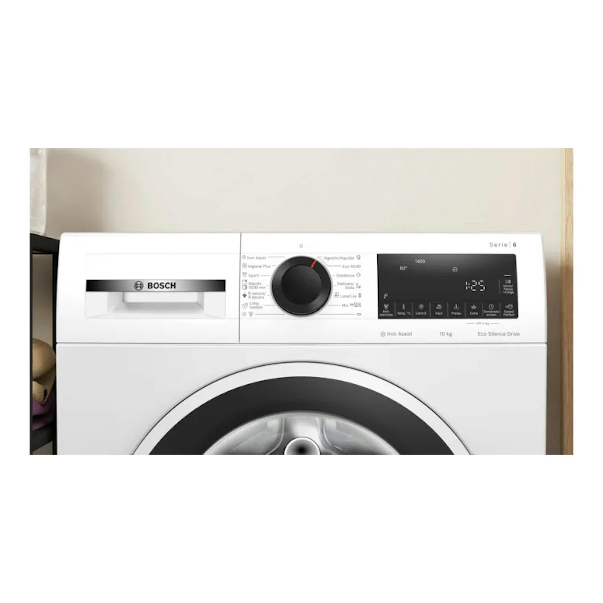 Lavadora Bosch WGG254ZBES blanca, vista frontal con panel digital y puerta circular.