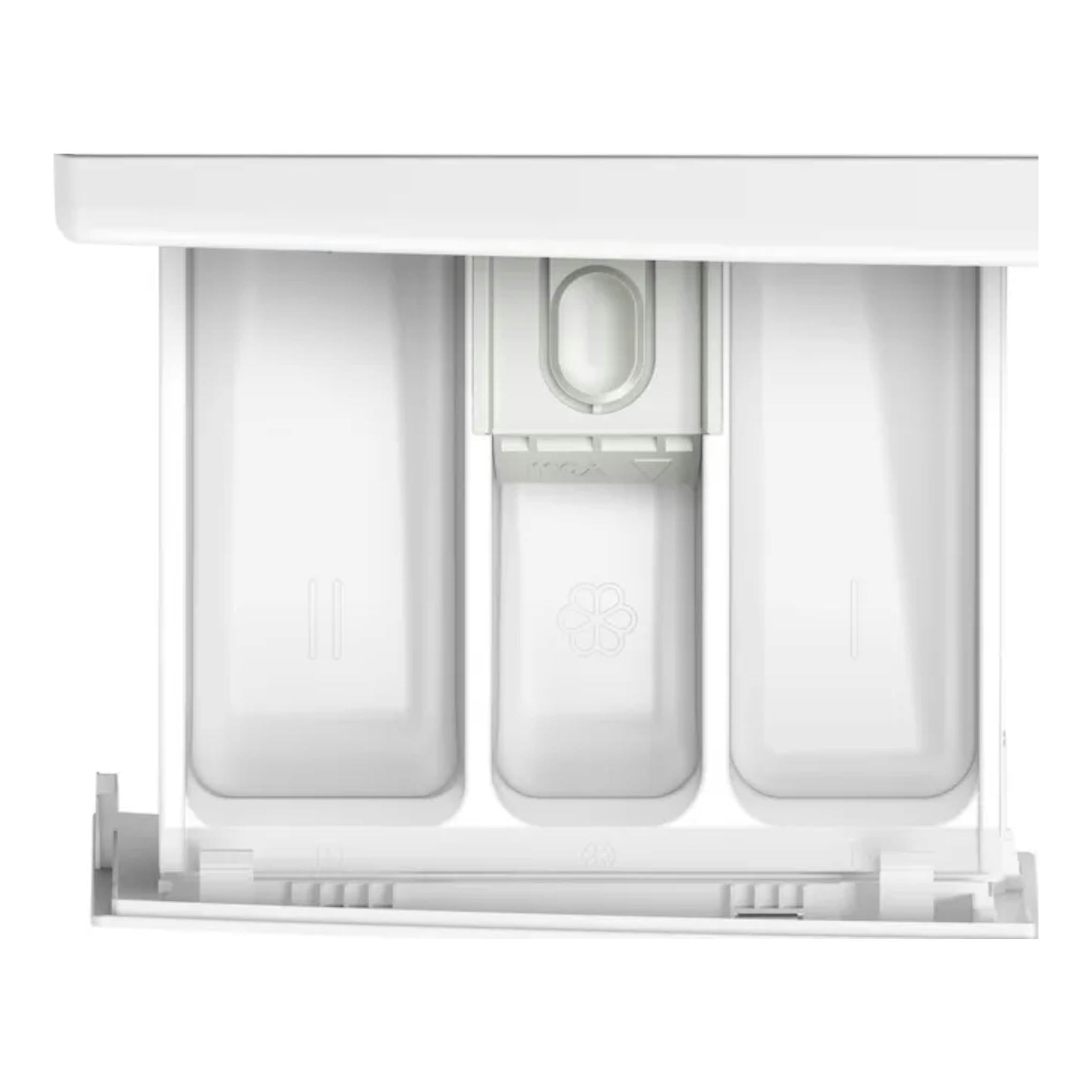 Bosch WGG254ZBES: cajetín de detergente blanco, vista frontal, con tres compartimentos.