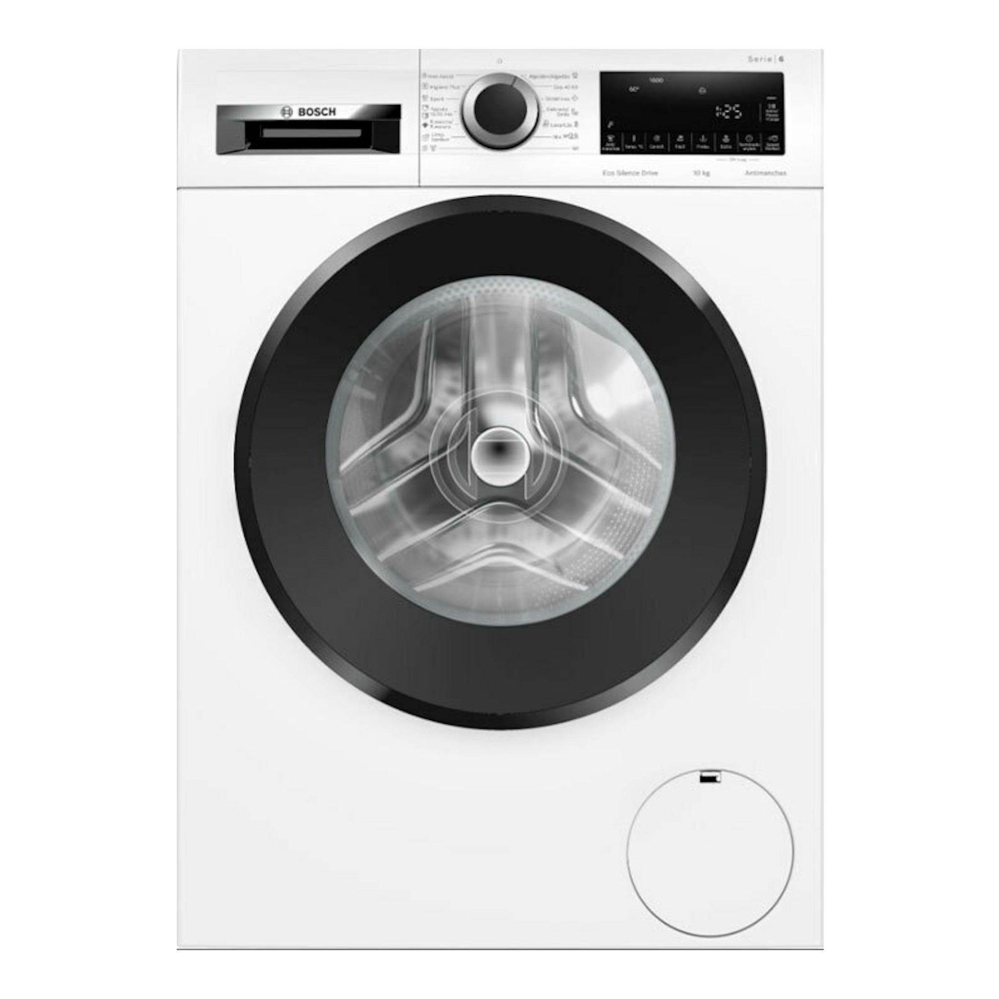 Lavadora Bosch WGG256Z0ES blanca de carga frontal, vista frontal, con puerta negra circular y panel digital.