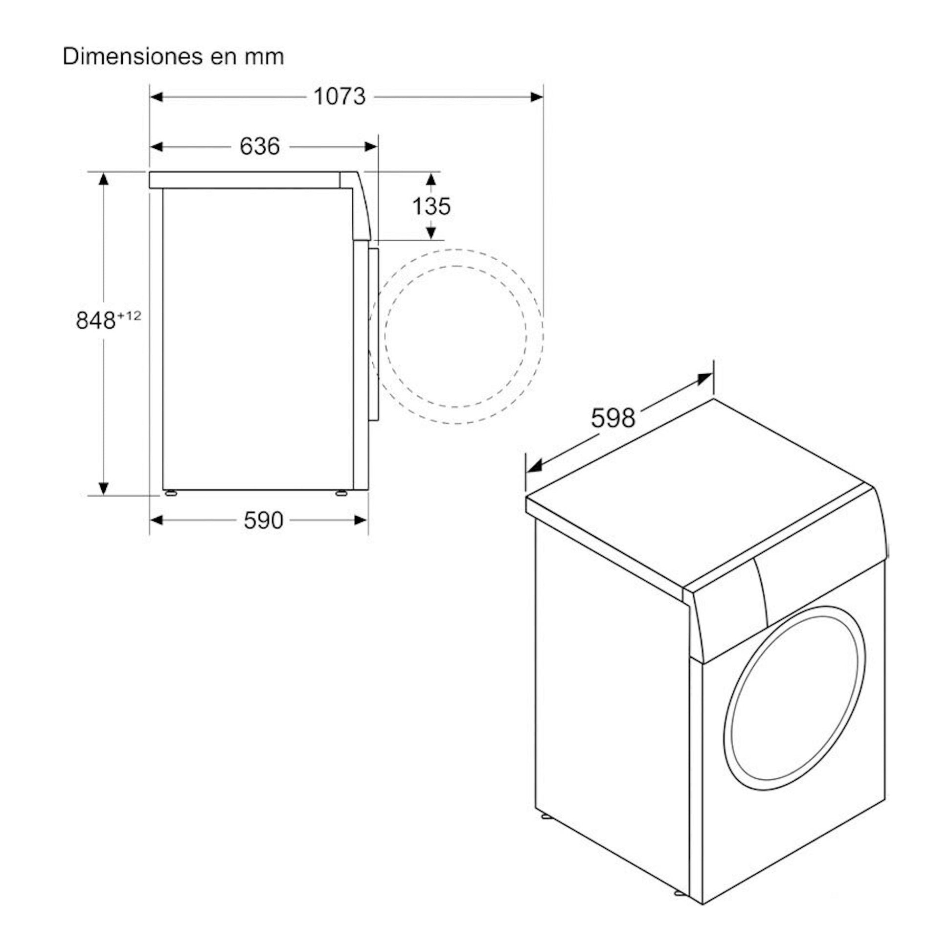 Bosch WGG256Z0ES: dibujo técnico de lavadora frontal blanca, vista lateral e isométrica con medidas en mm.