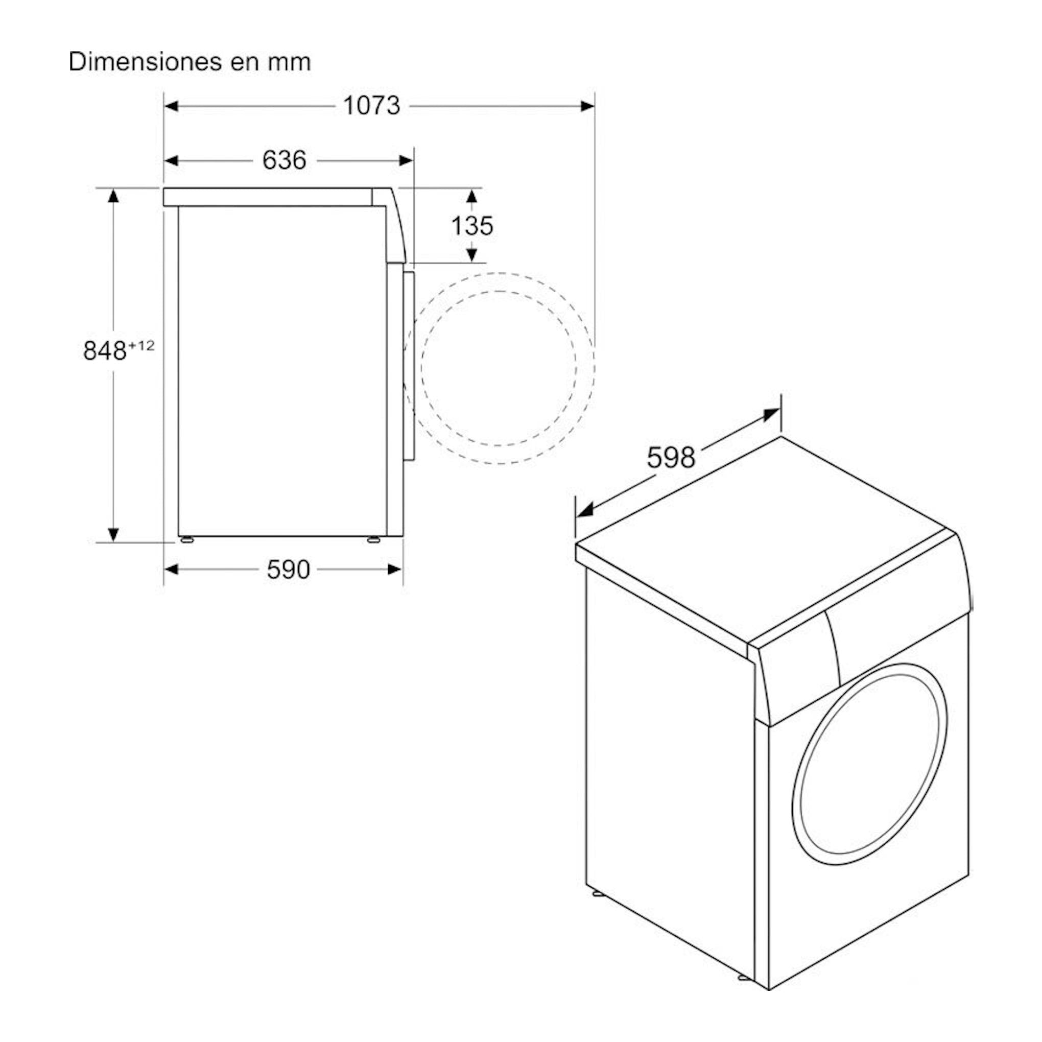 Bosch WGG256Z0ES: dibujo técnico de lavadora frontal blanca, vista lateral e isométrica con medidas en mm.