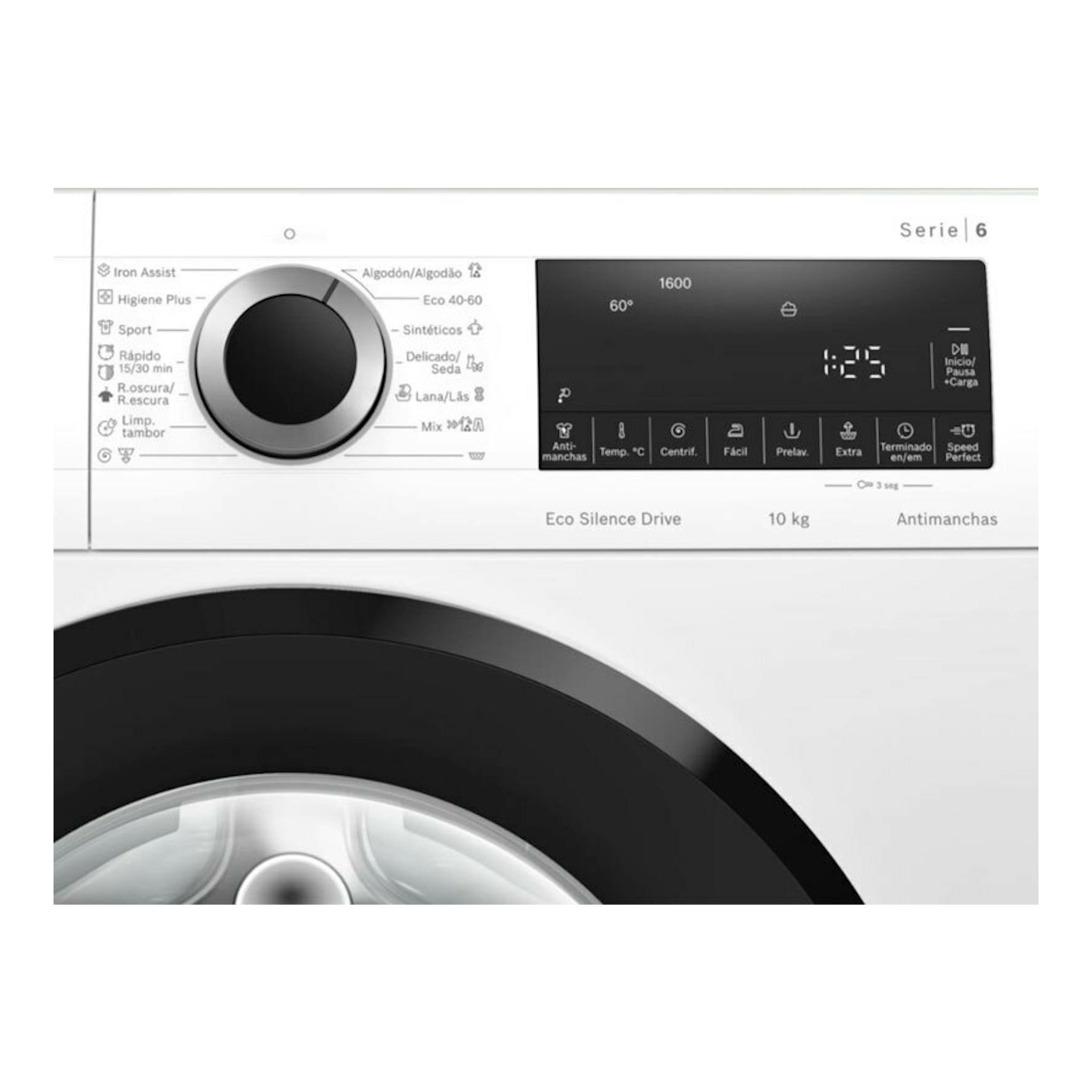 Lavadora Bosch Serie 6 WGG256Z0ES blanca, vista frontal parcial con mando central y pantalla digital.