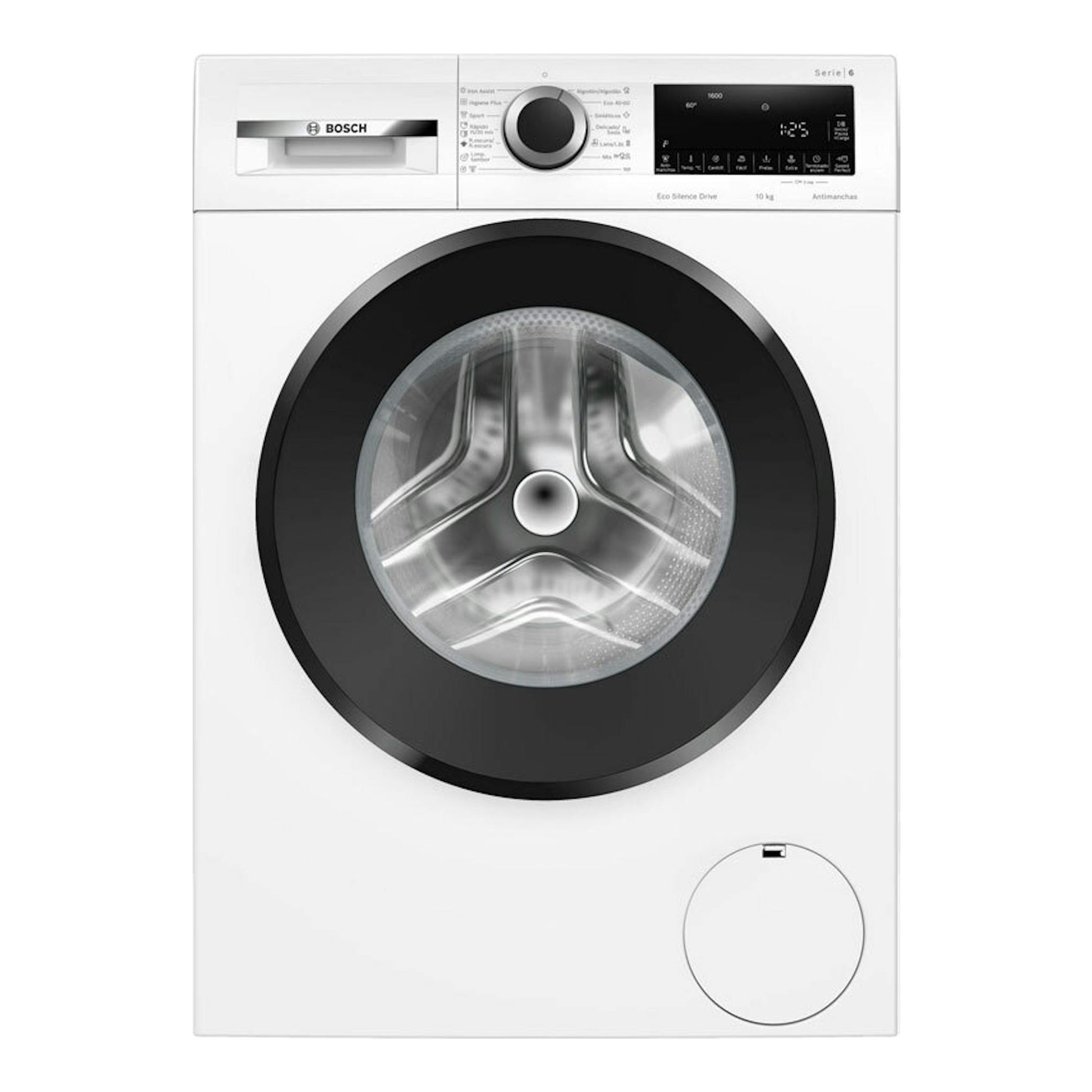 Lavadora Bosch WGG256Z1ES blanca, vista frontal, con puerta negra y panel de control superior.
