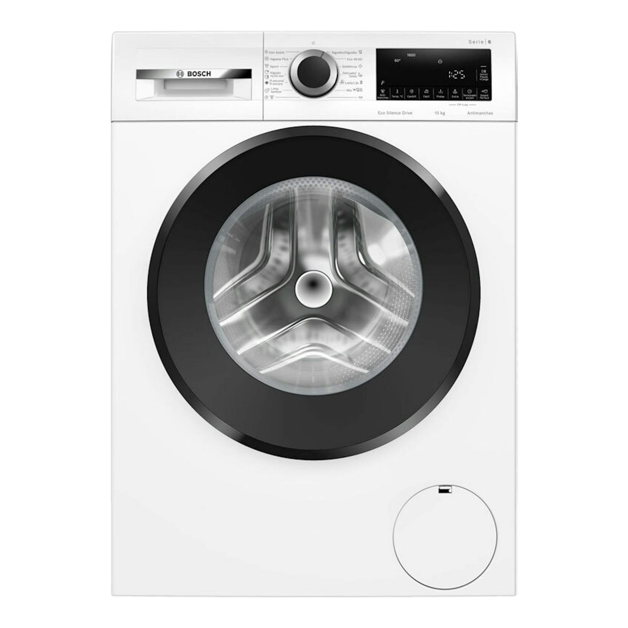 Lavadora Bosch WGG256Z1ES blanca, vista frontal, con puerta negra y panel de control superior.