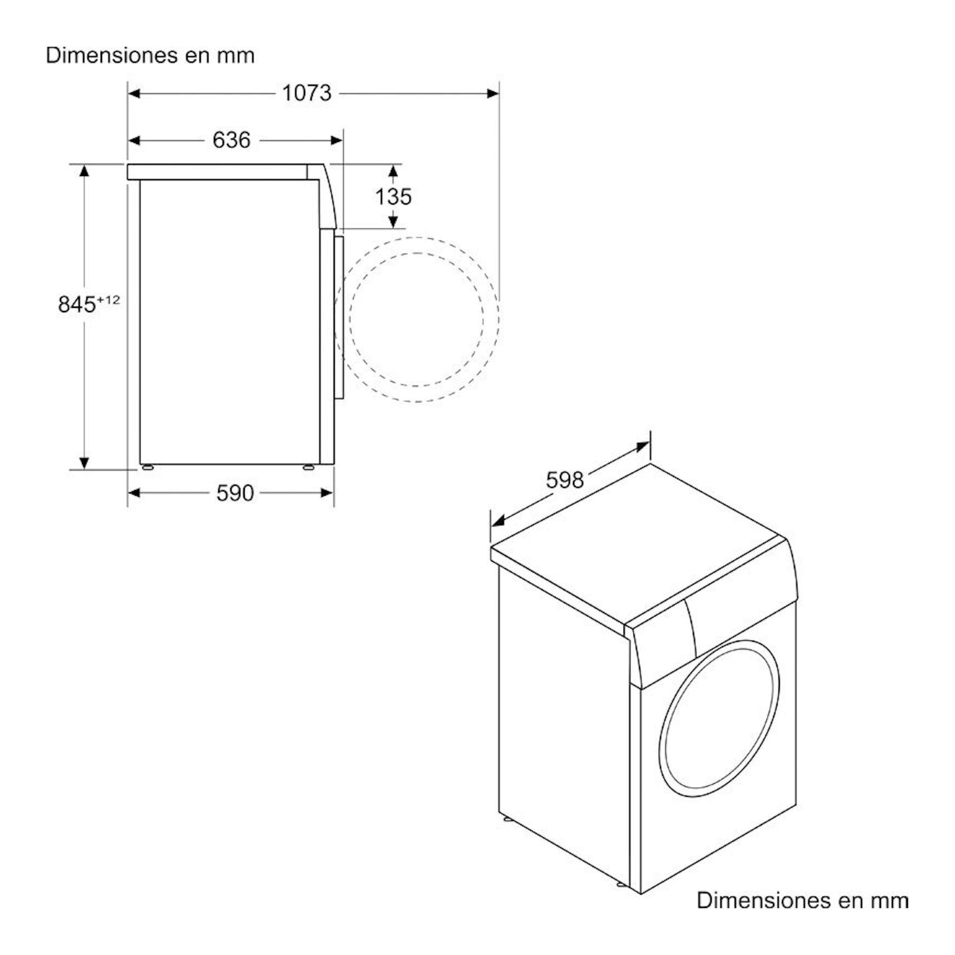Bosch WGG256Z1ES, lavadora 10 kg de carga frontal, vista lateral e isométrica con dimensiones en mm.