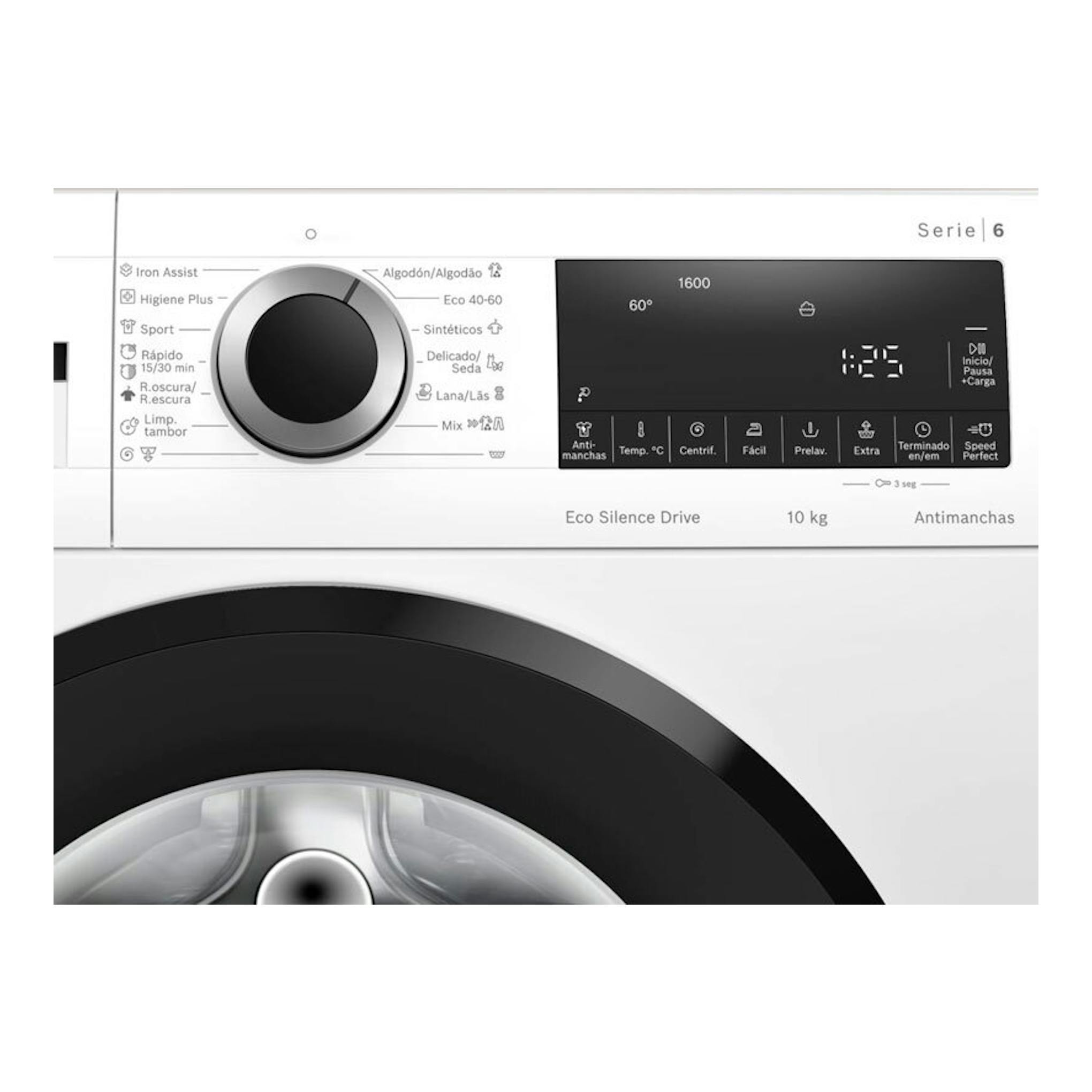 Lavadora Bosch WGG256Z1ES blanca, vista frontal parcial con panel digital y selector de programas.