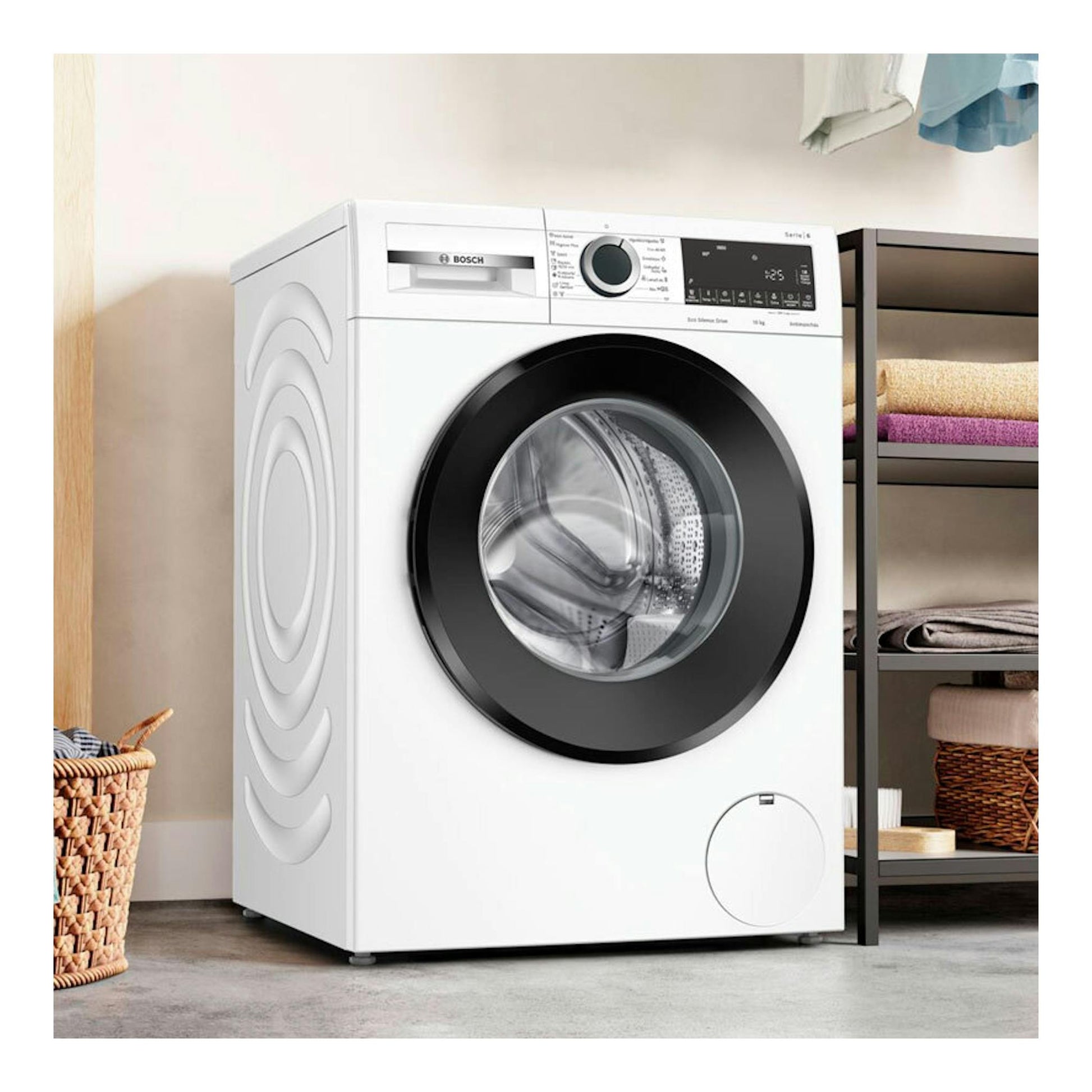 Lavadora Bosch WGG256Z1ES blanca, carga frontal, vista frontal con puerta negra.