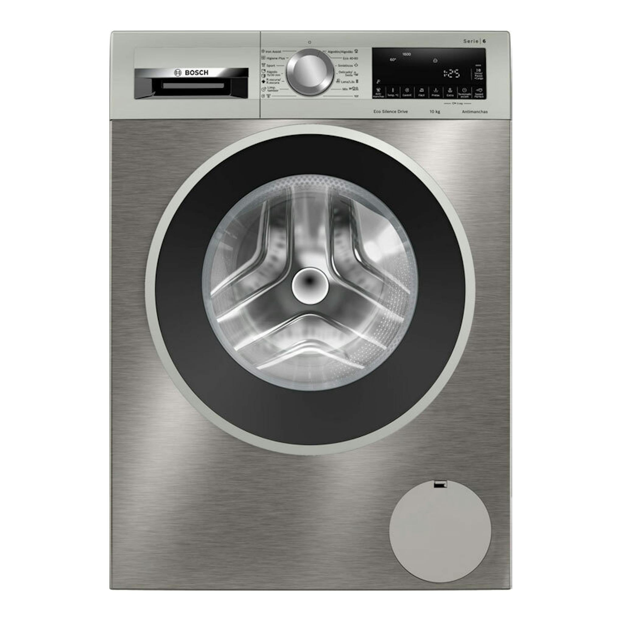 Lavadora Bosch WGG256ZAES Serie 6, vista frontal, color plata, con puerta circular y panel digital.