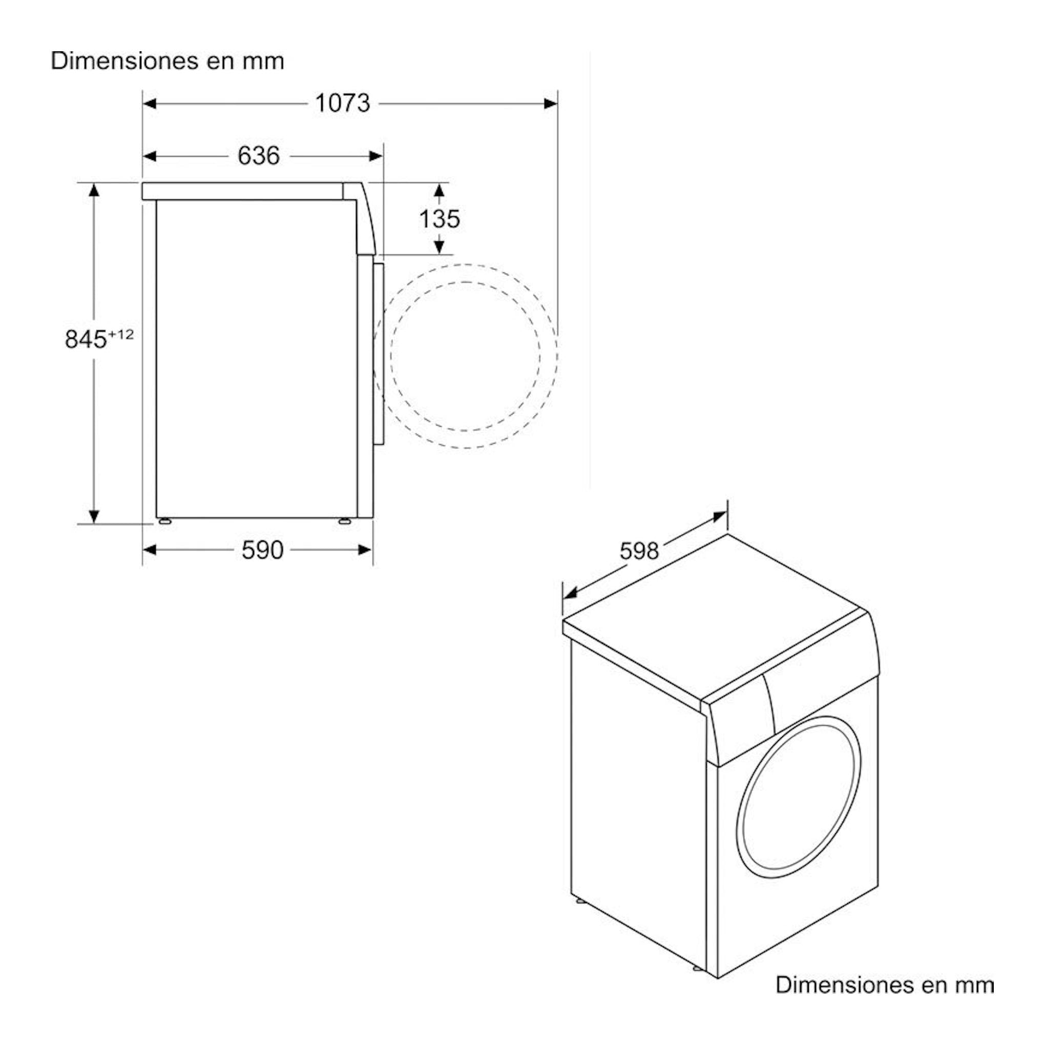 Plano de lavadora Bosch WGG256ZAES blanca, vista lateral e isométrica con medidas en mm.
