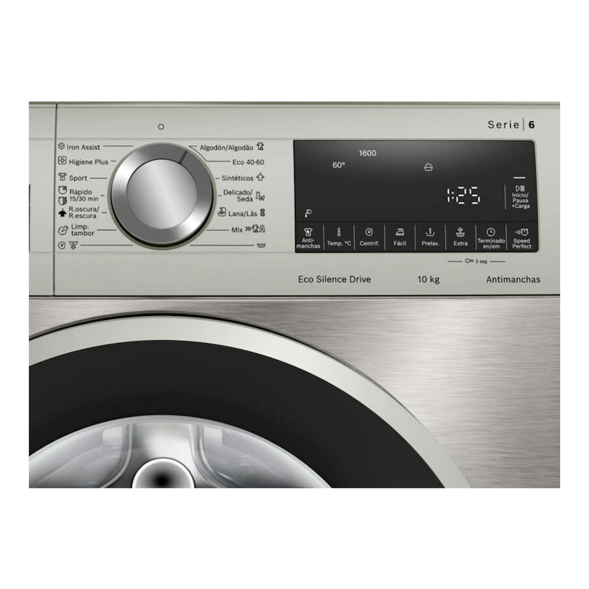 Lavadora Bosch Serie 6 WGG256ZAES, vista frontal, color inox, con panel digital y mando selector.
