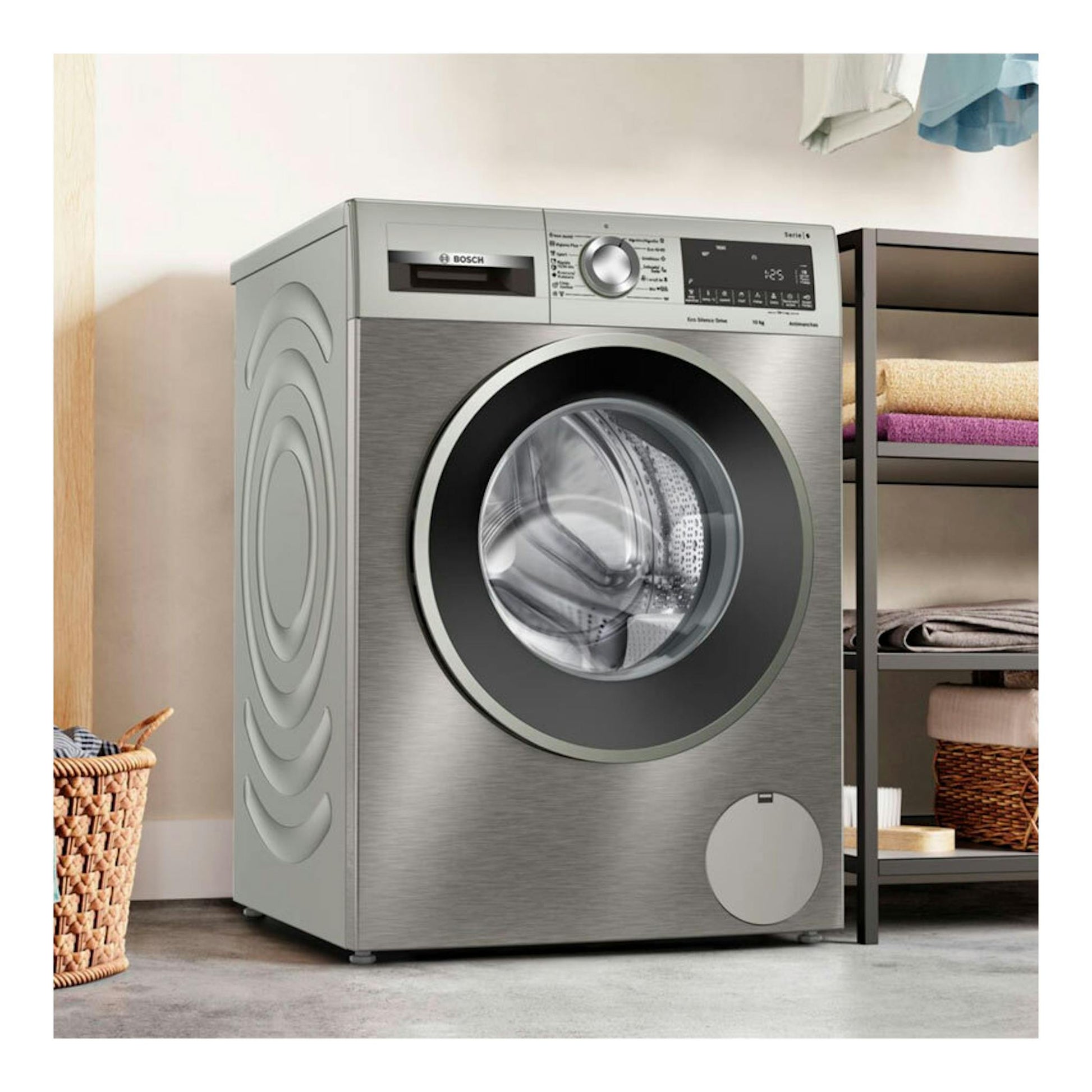 Lavadora Bosch WGG256ZAES de carga frontal, color plata, vista frontal con puerta circular.