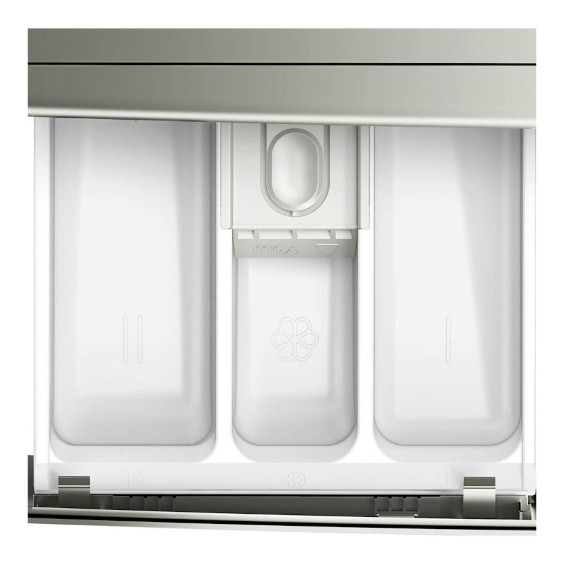 Primer plano del cajetín de detergente blanco de una lavadora Bosch, con tres compartimentos.