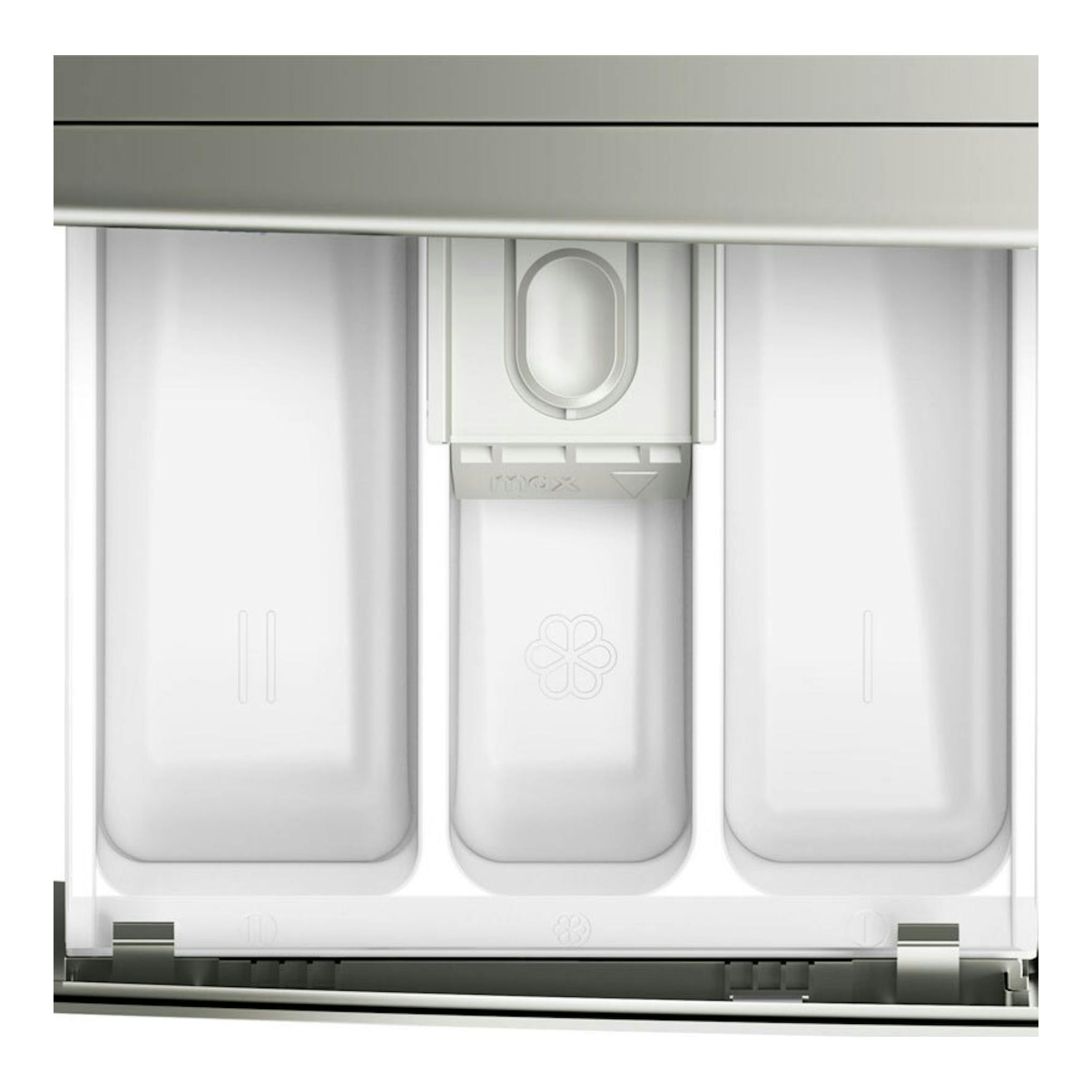 Primer plano del cajetín de detergente blanco de una lavadora Bosch, con tres compartimentos.