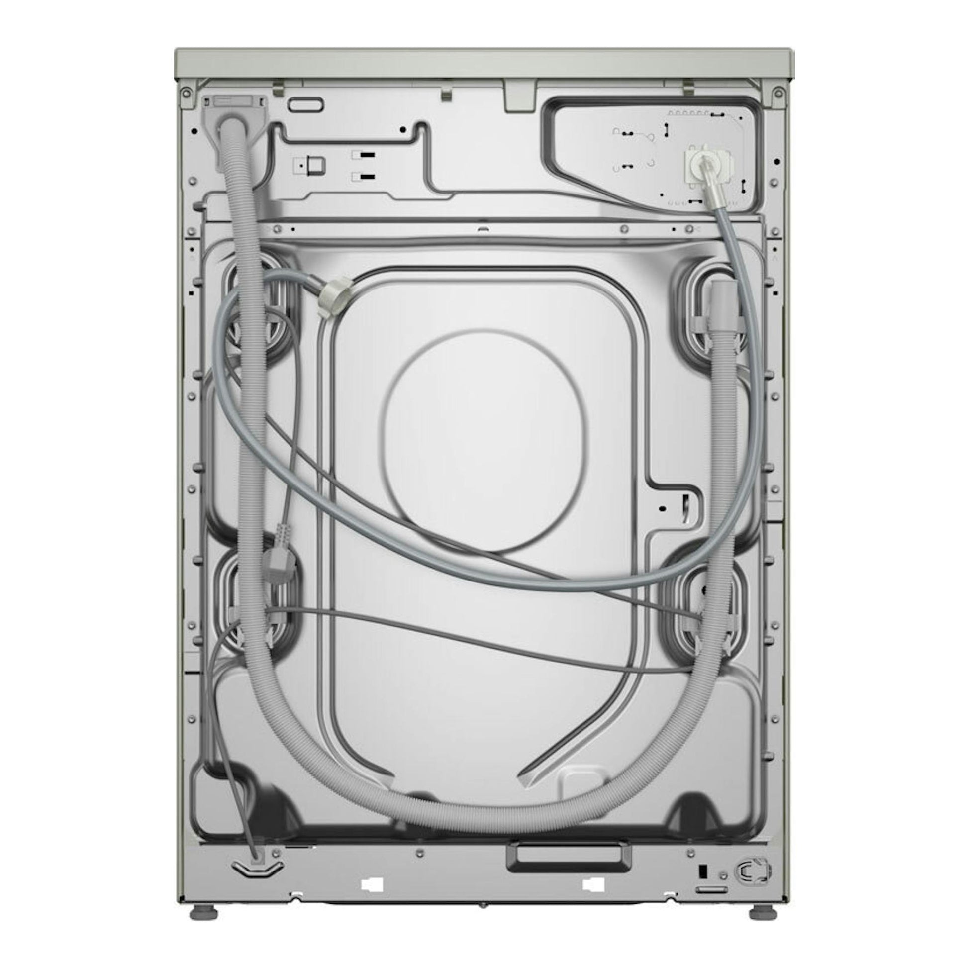 Lavadora Bosch WGG256ZAES, vista trasera, blanca, con mangueras y panel posterior metálico.