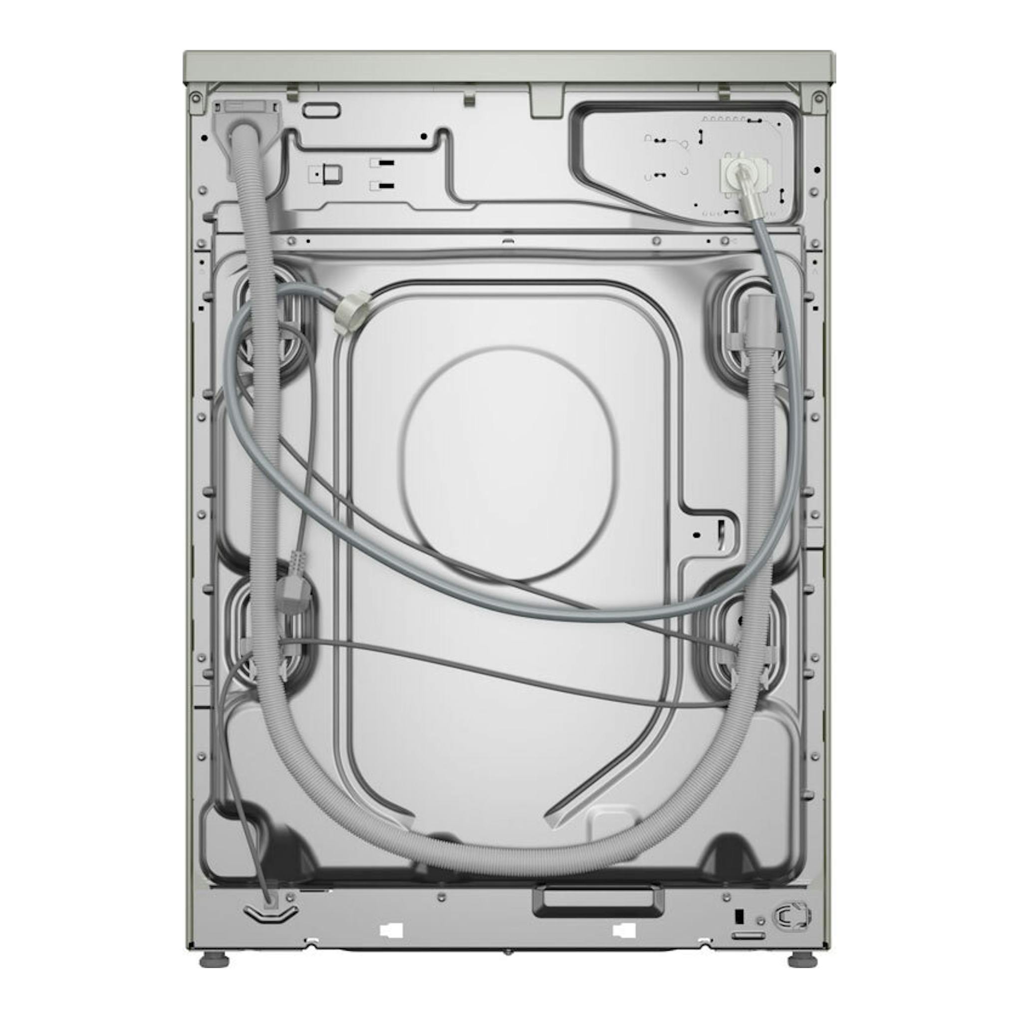 Lavadora Bosch WGG256ZAES, vista trasera, blanca, con mangueras y panel posterior metálico.