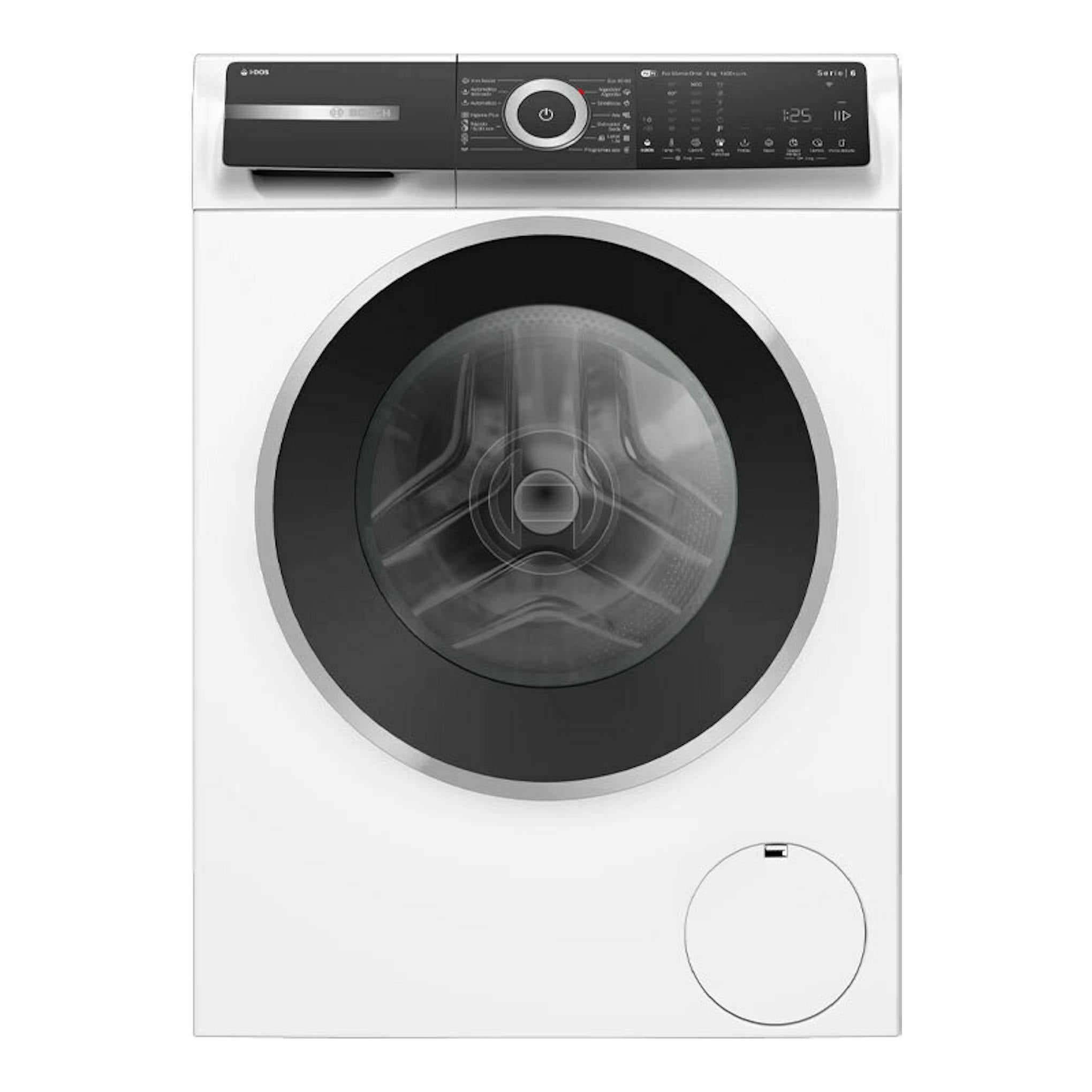 Lavadora Bosch WGH244A0ES blanca, vista frontal, con puerta circular negra y panel superior negro.
