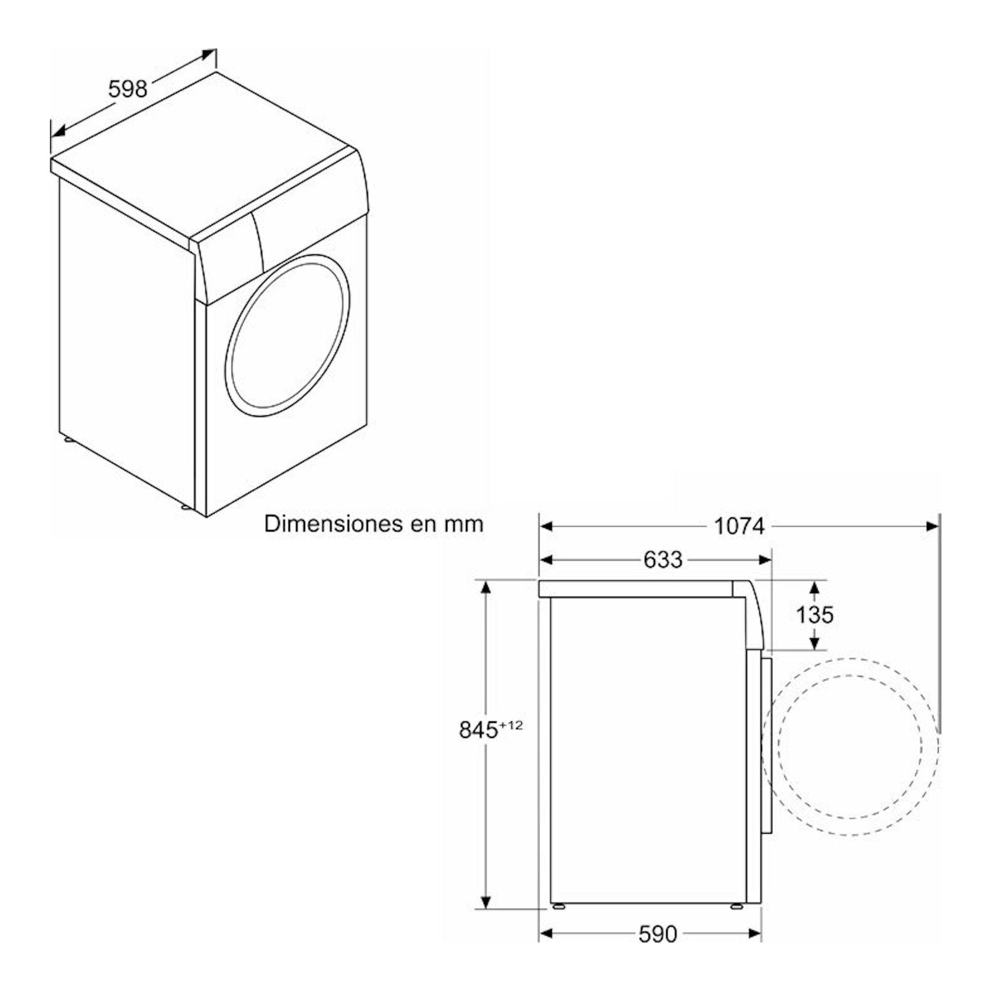 Bosch WGH244A0ES, lavadora blanca en vistas isométrica y lateral con dimensiones en mm.