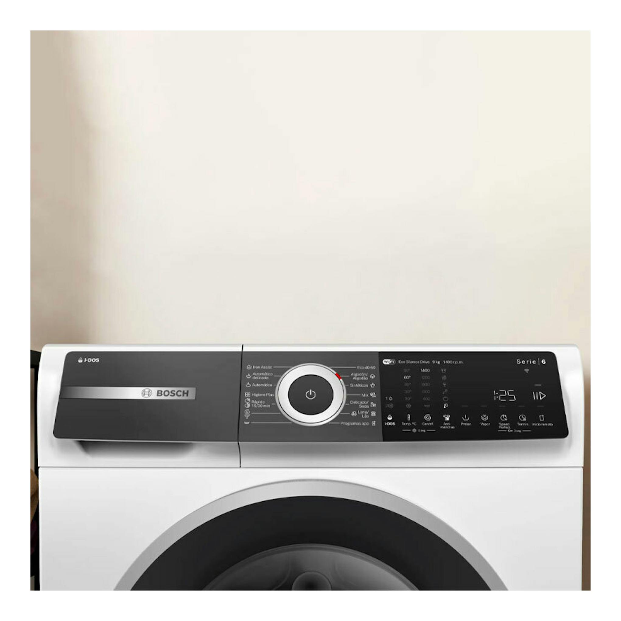 Lavadora Bosch WGH244A0ES blanca, vista frontal, con panel negro y puerta circular.