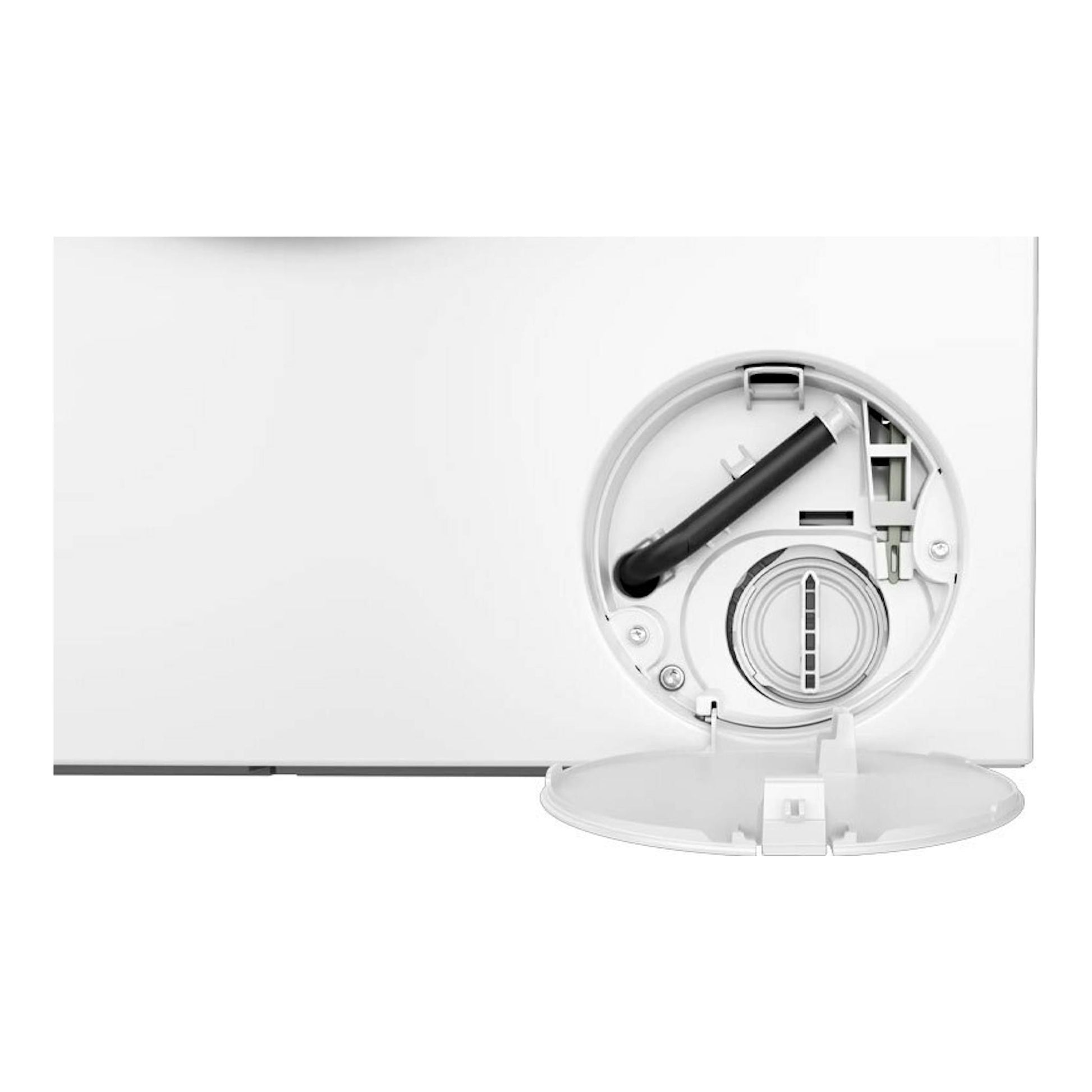 Lavadora Bosch WGH244A0ES blanca, vista frontal parcial con tapa inferior abierta y filtro visible.